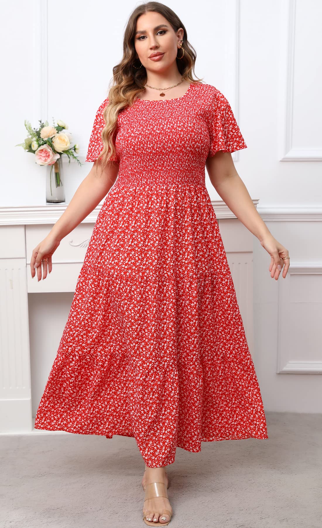 Plus Size Floral Maxi Dress for Women with Pockets, Smocked Waist & Flutter Sleeves - Tiered Boho Summer Dress for Beach, Vacation & Casual Wear