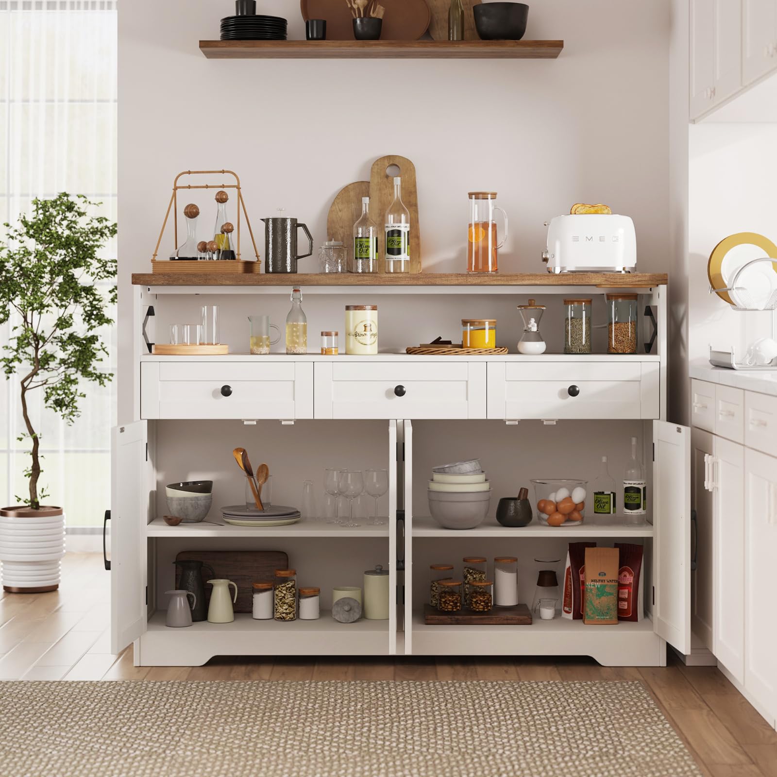 Farmhouse Buffet Cabinet with Drawers & Open Shelf - 52