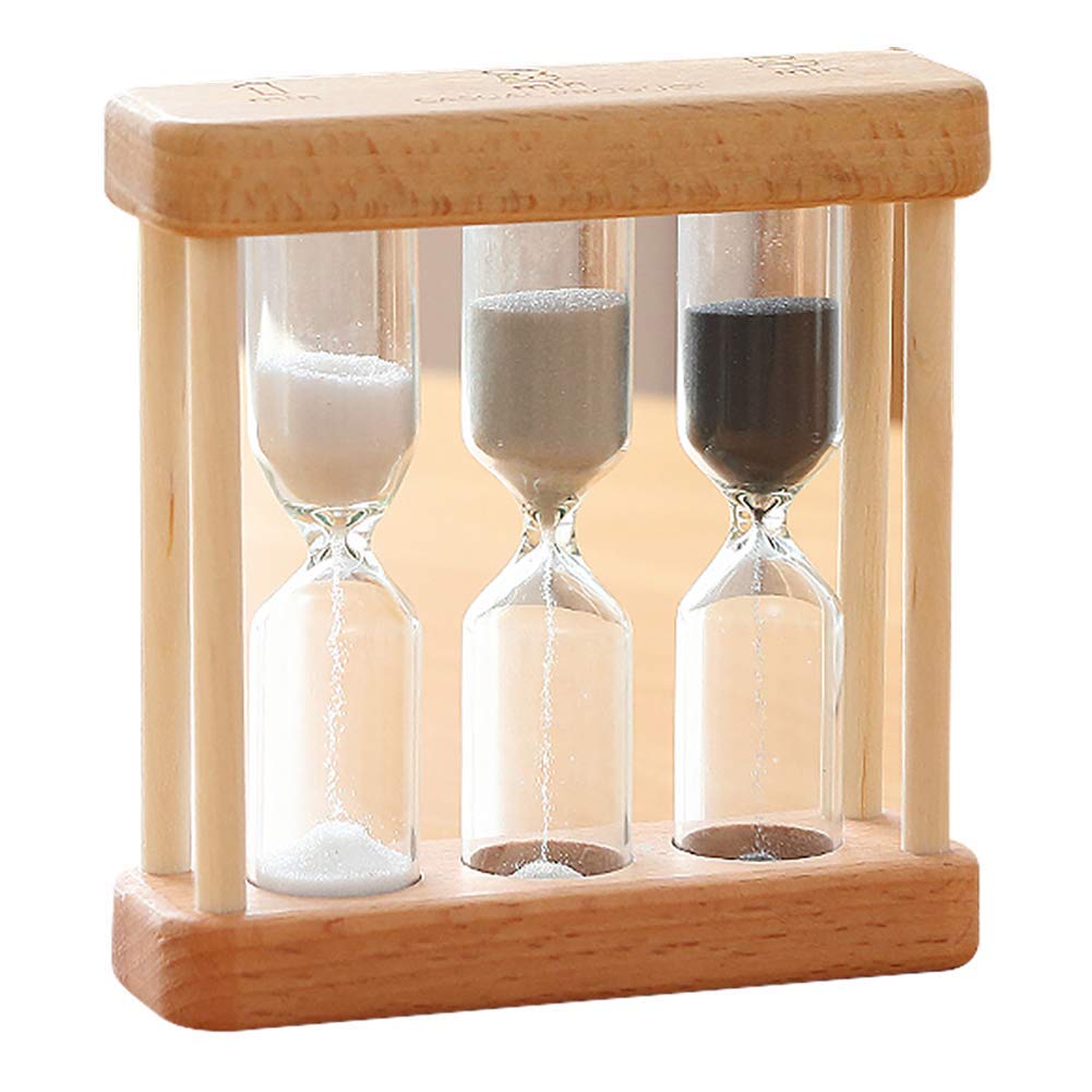 3-in-1 Wooden Hourglass Sand Timer for Kids - 5/10/15 Minute Tea Egg Cooking & Tooth Brushing Timer - Safe Child-Friendly Sand Clock for Kitchen, Bathroom & Classroom Decor (Natural Wood Color)