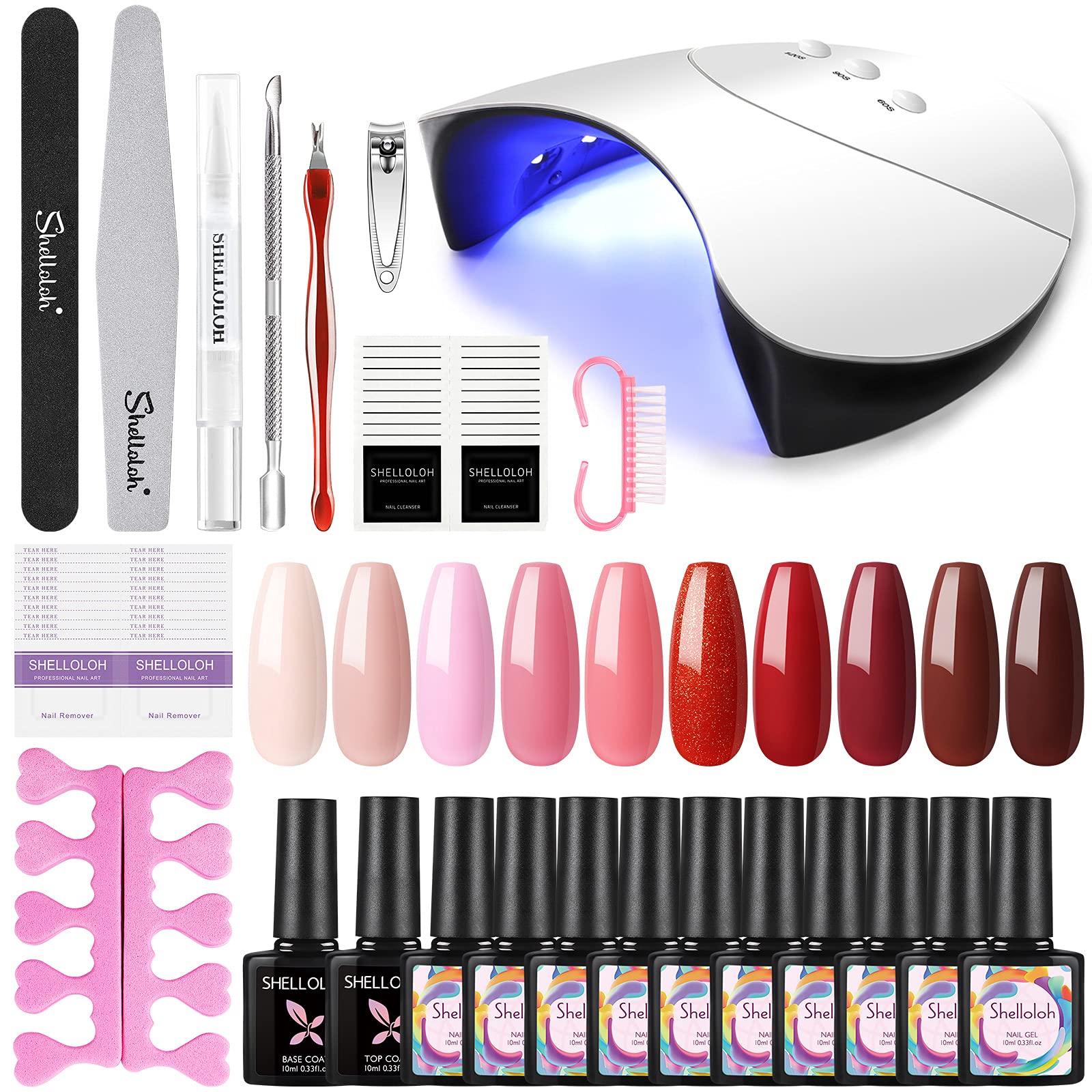 Shelloloh Gel Nail Polish Starter Kit - 36W LED/UV Lamp with 10 Gel Polishes, Base & Top Coat - Professional DIY Nail Art Set for Home Salon & Manicure Enthusiasts | Perfect for Parties, Weddings & Self-Care Days