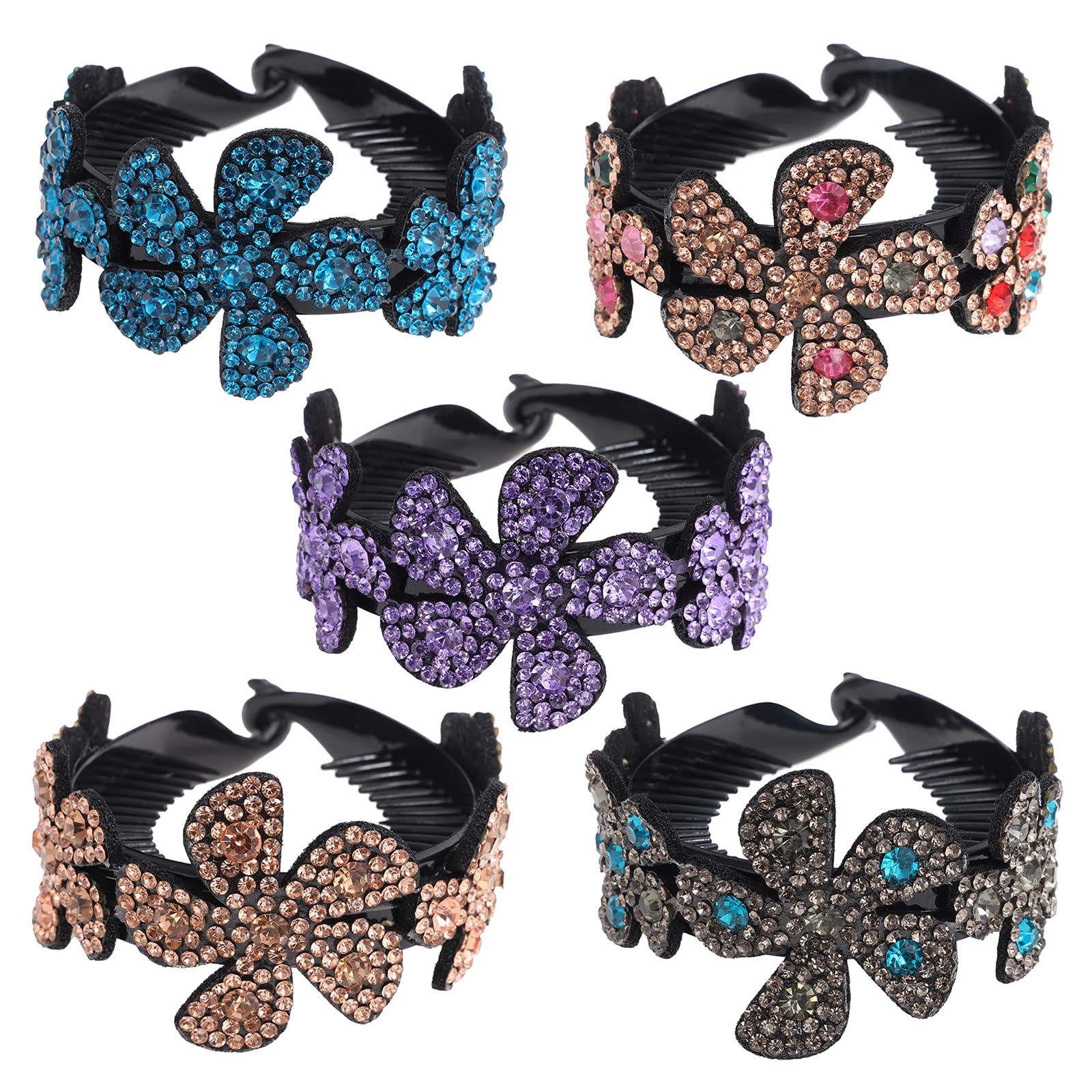 Crystal Rhinestone Hair Bun Holders - Floral Half-Balloon Expanding Ponytail Clips for Women & Girls (Large Size, Mixed 5 Colors) | Perfect for Weddings, Parties & Everyday Hair Accessories