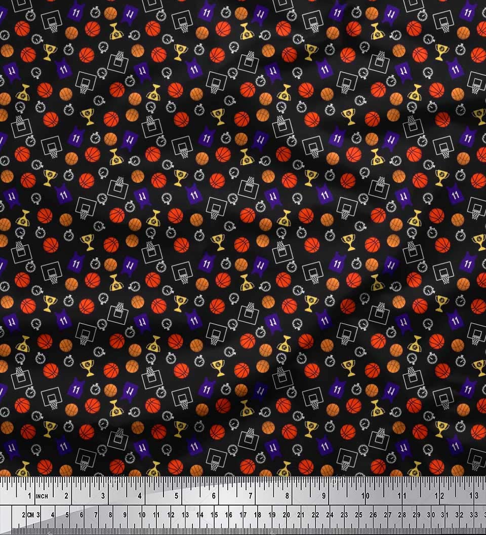 Soimoi Rayon Black Fabric by The Yard - 42 Inch Wide - Sports Print with Trophy, Timer Clock & Basketball Design - Perfect for DIY Sports Apparel, Quilting, and Home Decor Projects