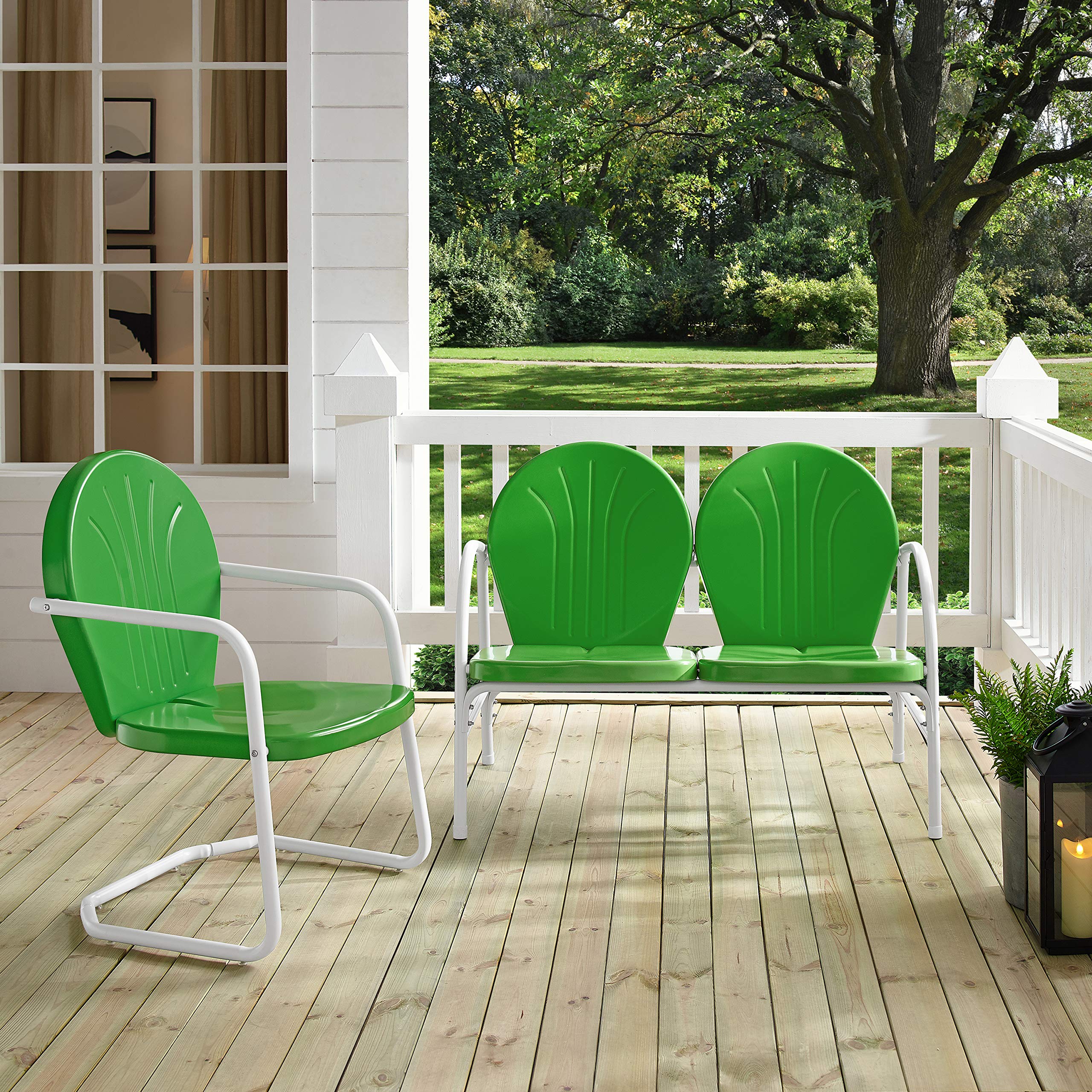 Crosley Griffith 2-Piece Retro Metal Outdoor Chair & Loveseat Set - Grasshopper Green Patio Furniture for Porch, Garden, Backyard & Poolside Relaxation
