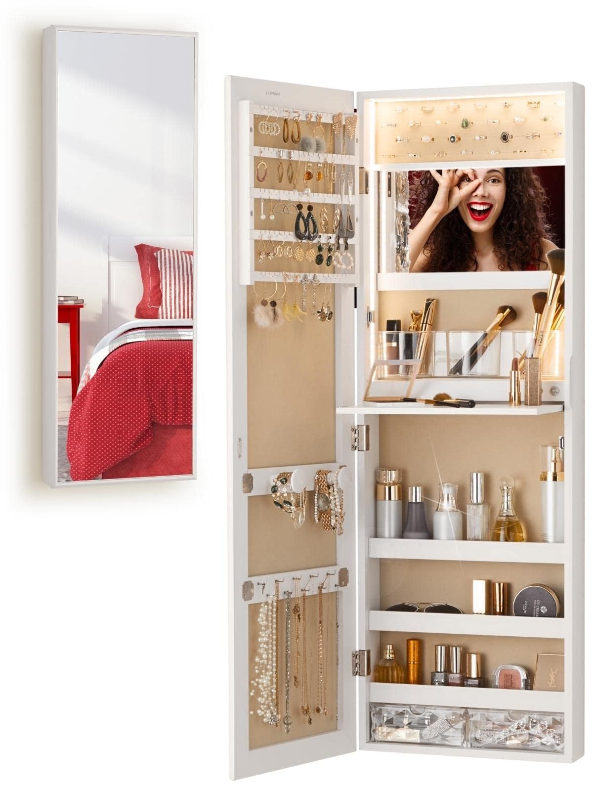 White Jewelry Armoire with Mirror & Lights - Wall Mounted Storage for Makeup & Jewelry