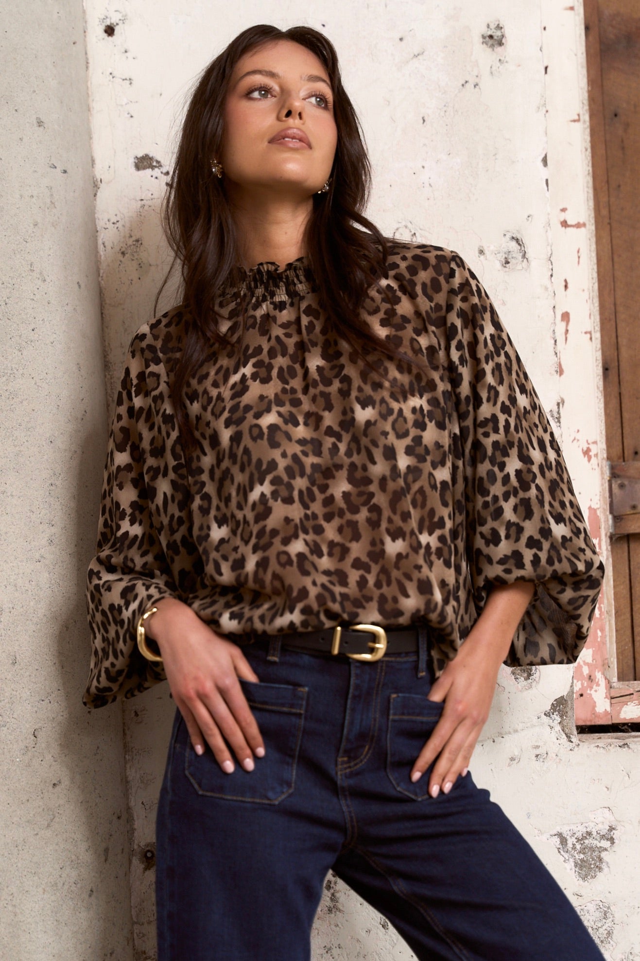 Elegant Leopard Print Georgette High Neck Long Sleeve Blouse for Women - Perfect for Office Wear, Date Nights & Special Occasions