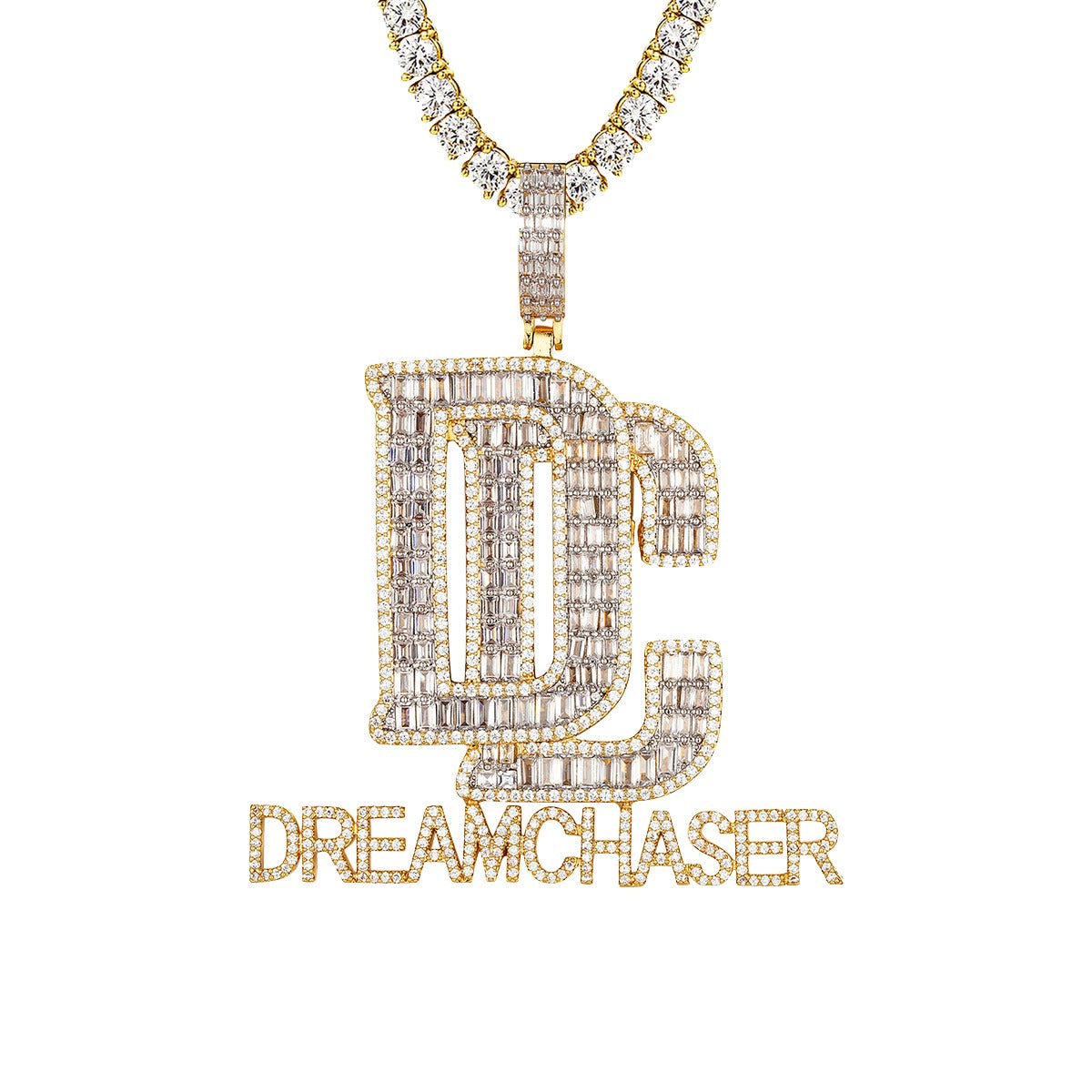 Yellow Gold Tone Baguette DC Dream Chaser Icy Men's Pendant Necklace - Hip Hop Jewelry for Men, Perfect for Parties, Gifts & Streetwear Fashion