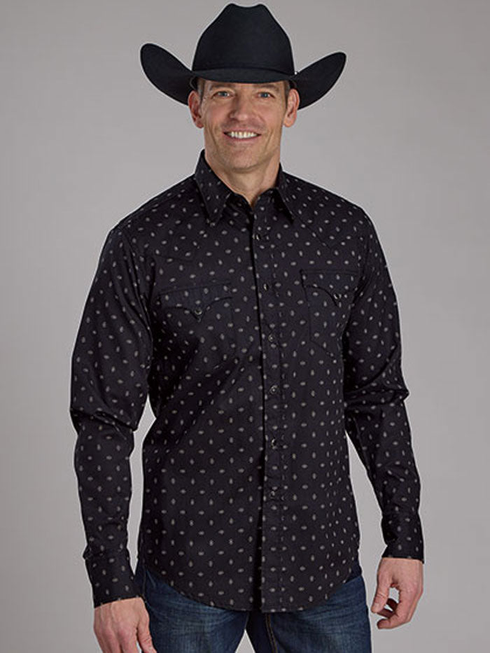 Roper Men's Long Sleeve Performance Snap Shirt - All Over Print, Black - Workwear & Outdoor Activities Shirt for Ranch, Farm, and Casual Wear