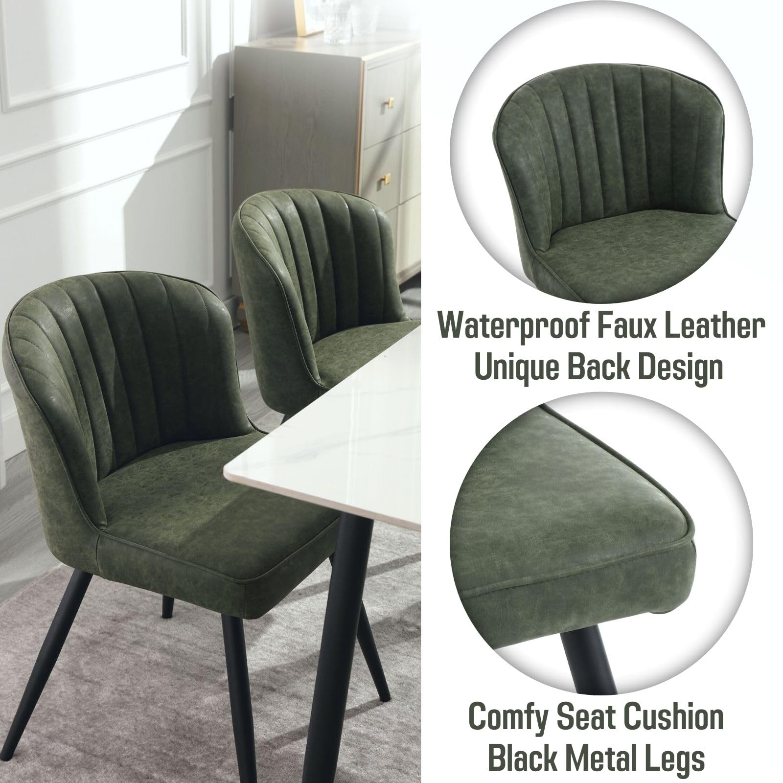 Set of 2 Green Faux Leather Dining Chairs - Mid Century Modern Upholstered Armless Side Chairs for Kitchen, Dining Room & Living Room - Perfect for Small Spaces & Contemporary Home Decor