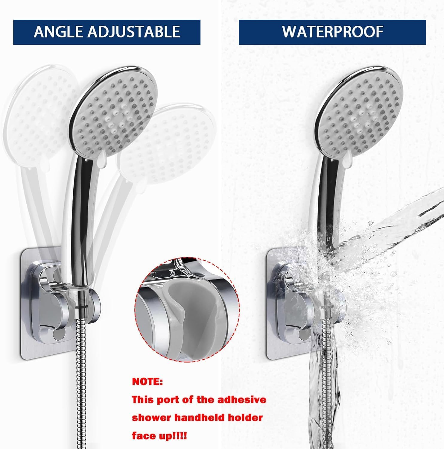 BONIRY Adjustable Self-Adhesive Shower Head Holder - No Drill Wall Mount, Waterproof Chrome Finish for Handheld Shower - Perfect for Bathroom, RV & Small Spaces