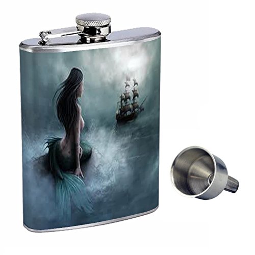Premium 8oz Stainless Steel Whiskey Flask with Free Funnel - Mermaid Design, Leakproof & Durable for Outdoor Adventures, Parties, and Gifts (Model D-003)