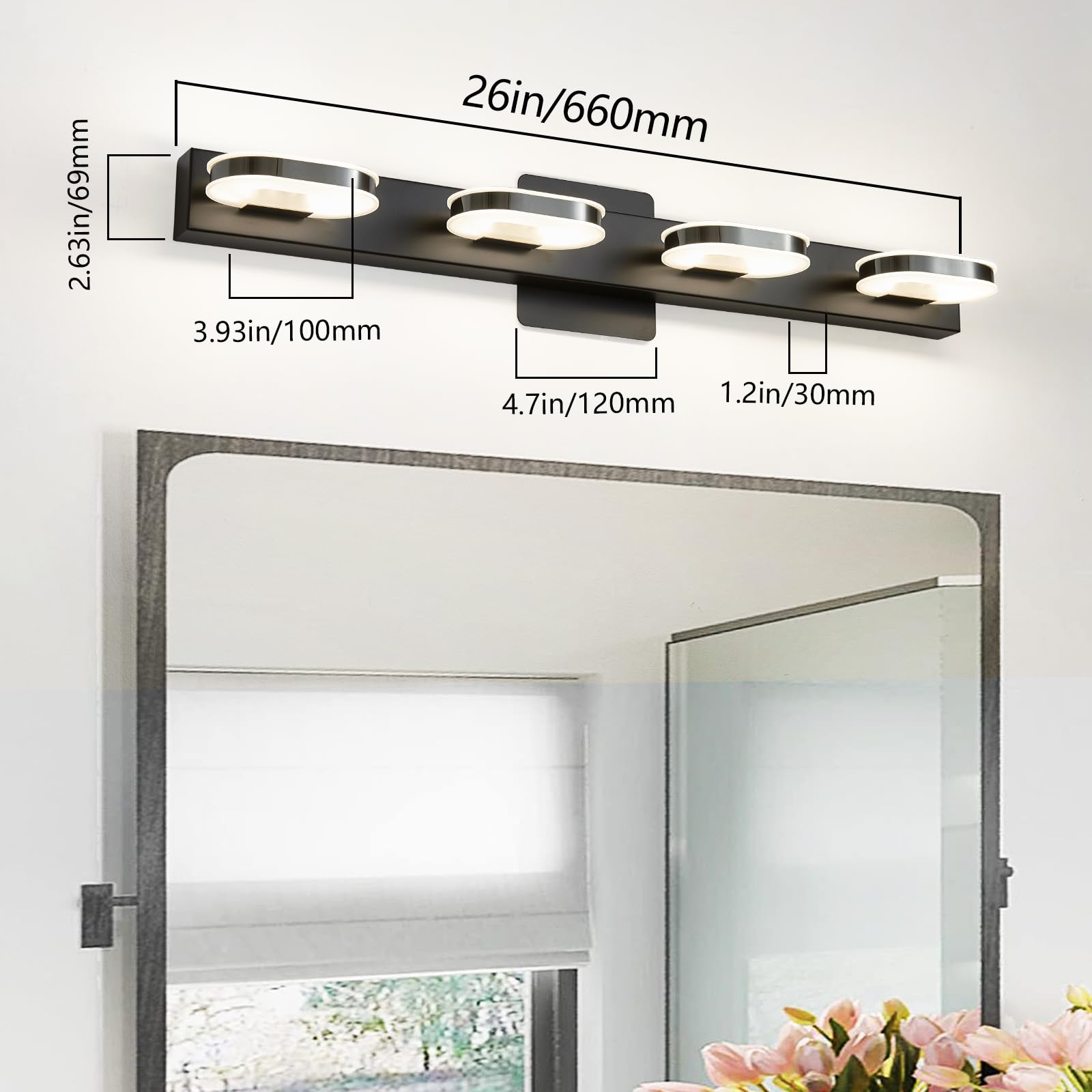 Modern LED Vanity Light Fixture - 4 Lights Bathroom Wall Sconce, 26 Inch Natural White Light in Black Finish - Perfect for Bathroom, Bedroom, and Dressing Room Makeup Area