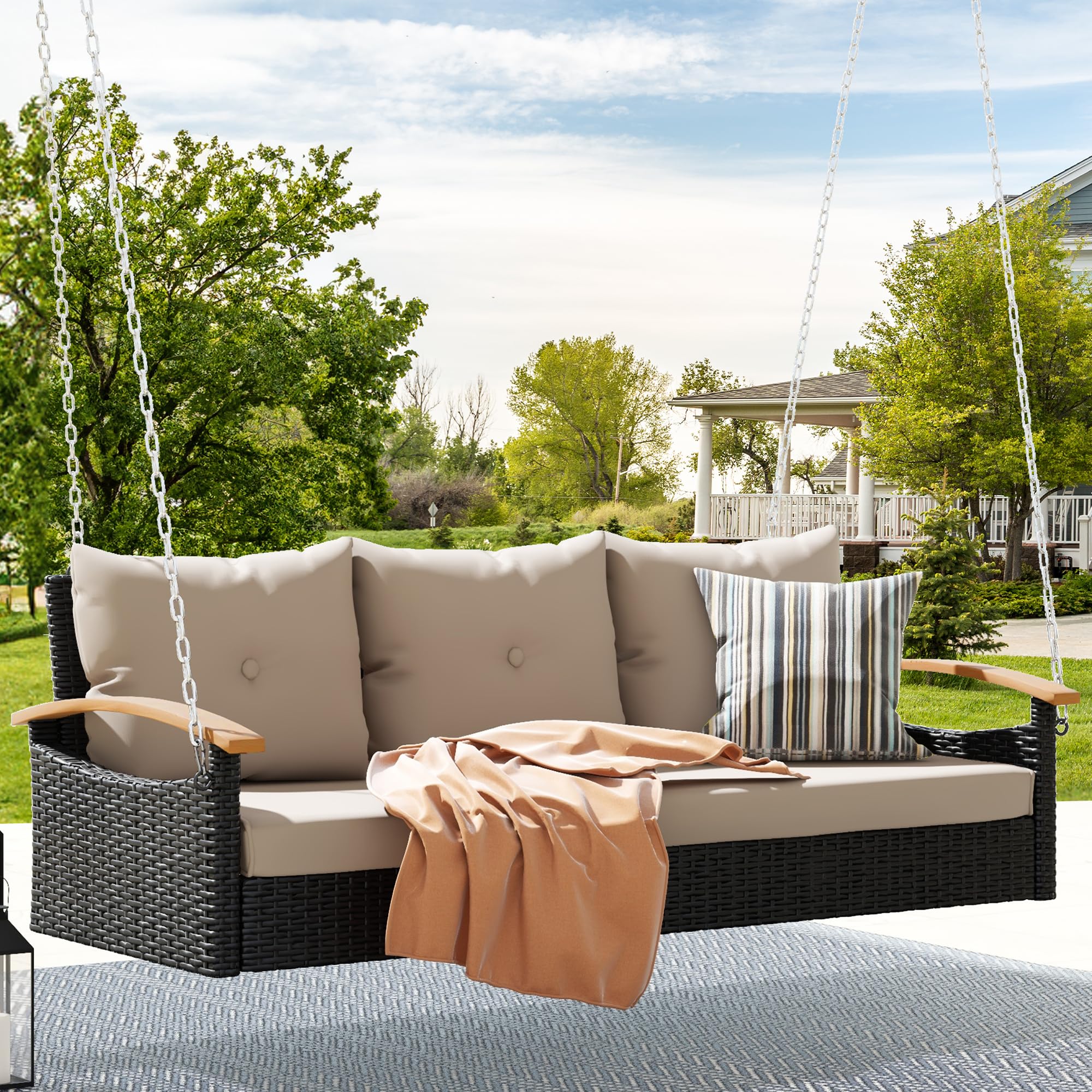 DWVO 3-Seater Outdoor Hanging Porch Swing - Rattan Wicker Patio Lounge Bench with 794lbs Weight Capacity - Perfect for Garden, Balcony, Deck & Backyard Relaxation (Black & Beige)