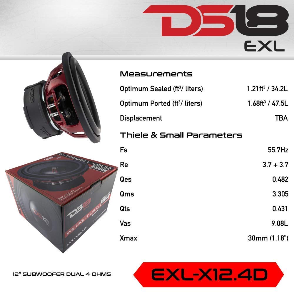 DS18 EXL-X12.4D 12-Inch Car Subwoofer Speaker - 2500W Max Power, 1250W RMS, Dual 4 Ohm Voice Coil, Fiber Glass Dust Cap & Red Aluminum Frame - Premium Bass for Car Audio Systems, Home Theater, and DJ Setups