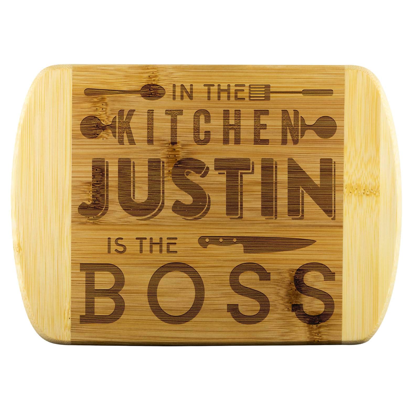 Funny Engraved Bamboo Cutting Board - 'In The Kitchen Justin Is The Boss' - Unique Mother's Day Gift for Daughters, Housewarming Present for Mom & Mother-in-Law - Perfect for Kitchens, Weddings & Family Gatherings