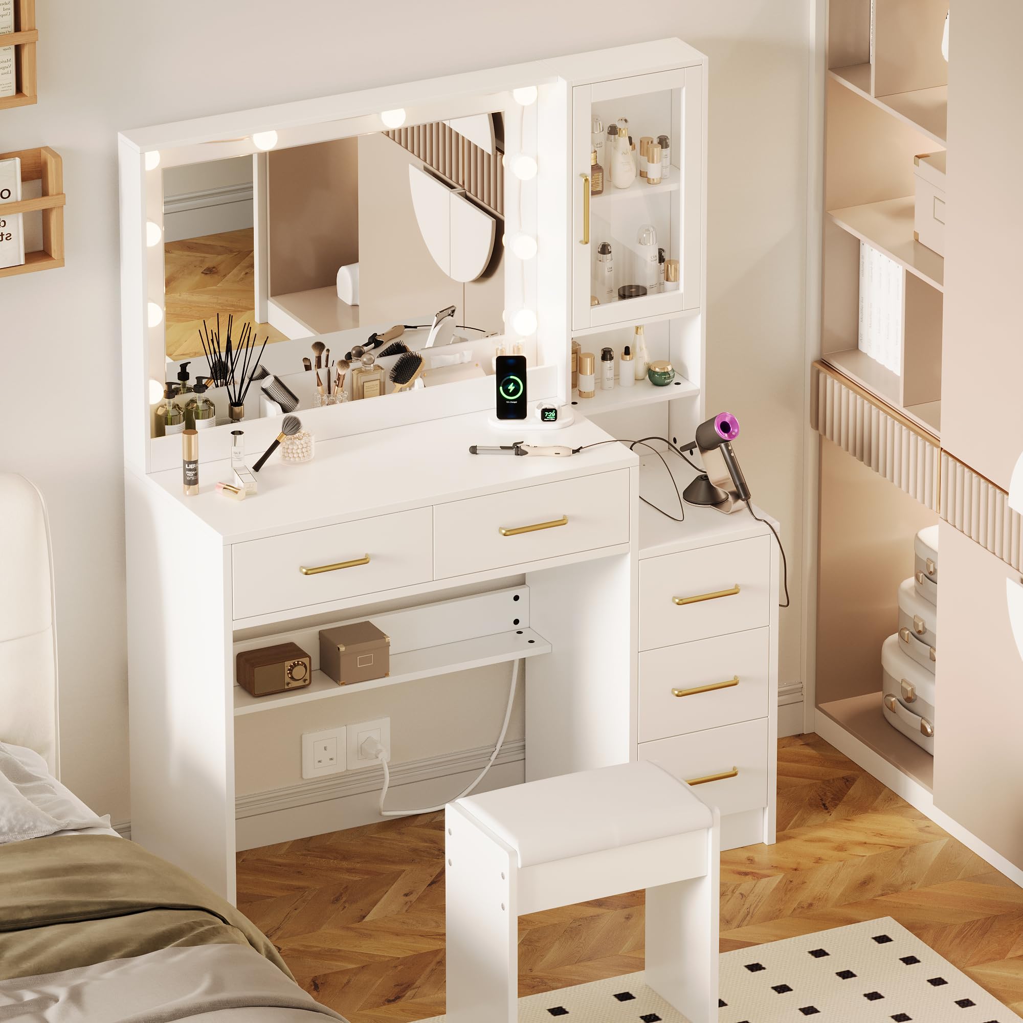 White Makeup Vanity Table with LED Lights & USB Charging Station, 5 Drawers & Open Shelves - Dressing Table Set for Women & Girls, Perfect for Bedroom, Dorm Room or Beauty Salon