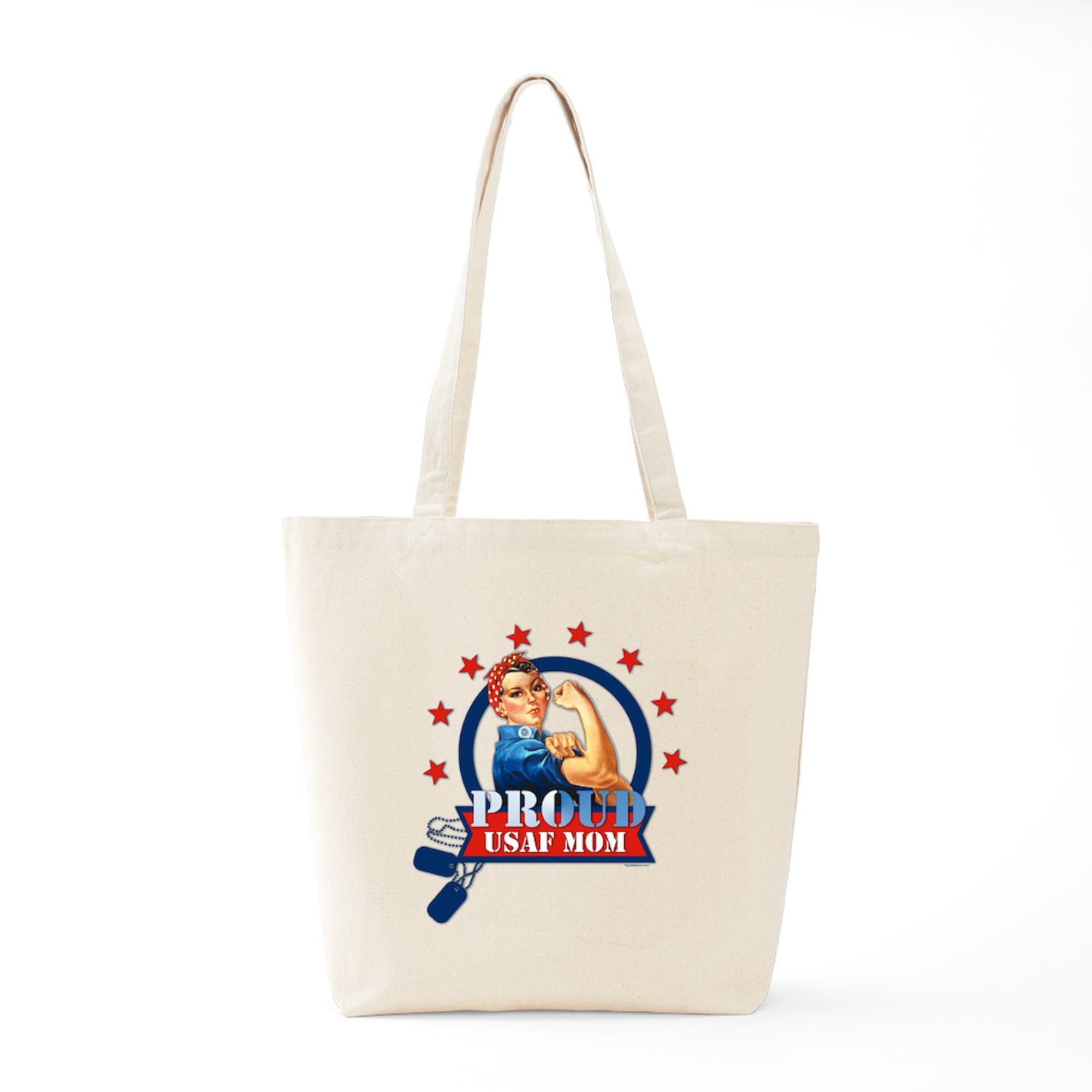 Rosie Proud USAF Mom Tote Bag - Natural Canvas Reusable Shopping Bag for Military Moms | Grocery, Beach, Work & Everyday Use