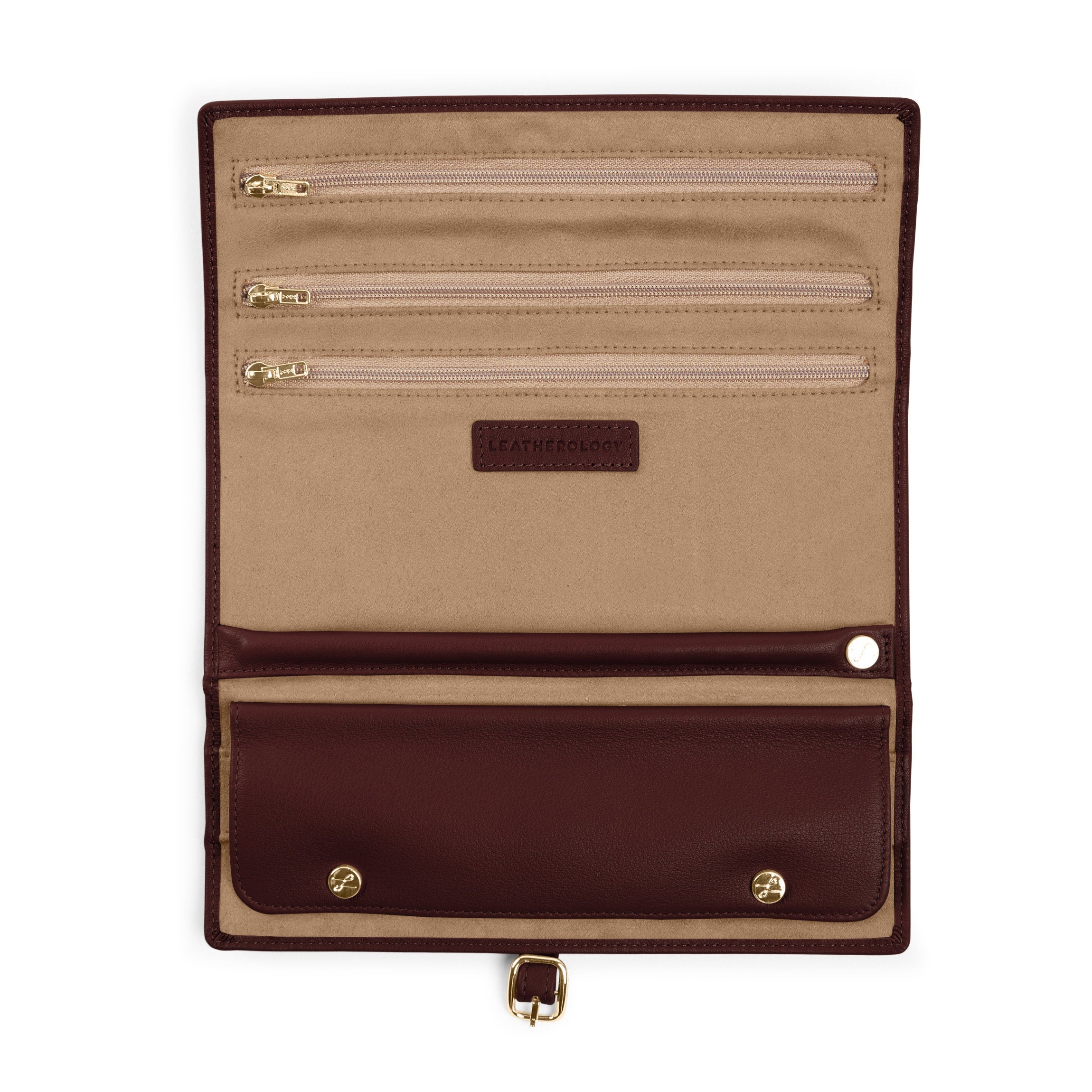 Luxury Buckled Jewelry Roll Travel Organizer - Bordeaux Leather Case for Necklaces, Rings & Earrings | Perfect for Travel, Gifts & Storage