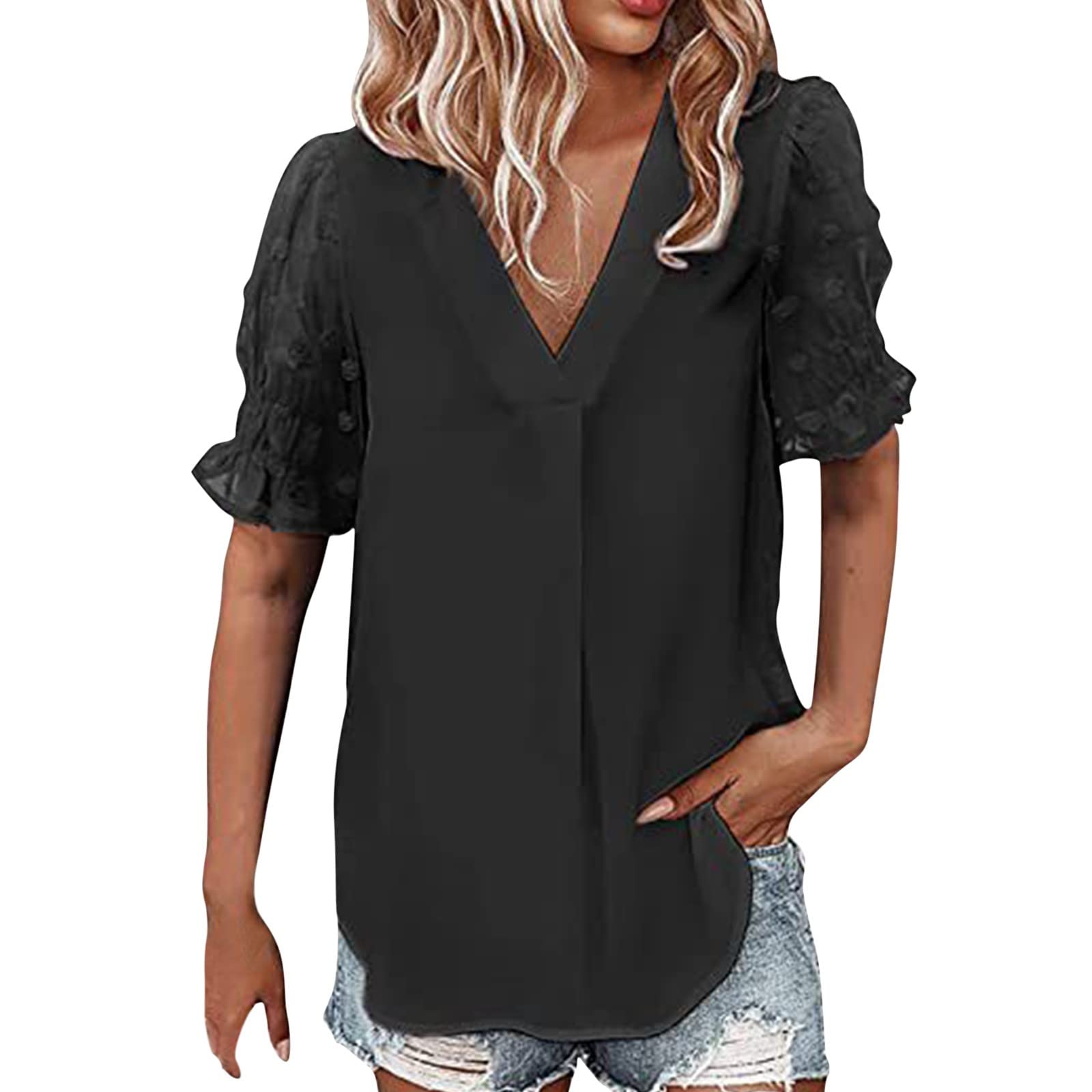 Women's Summer Short Sleeve V-Neck T-Shirt - Chiffon Patchwork Puff Sleeve Casual Top for Women | Perfect for Beach Outings, Date Nights & Everyday Wear