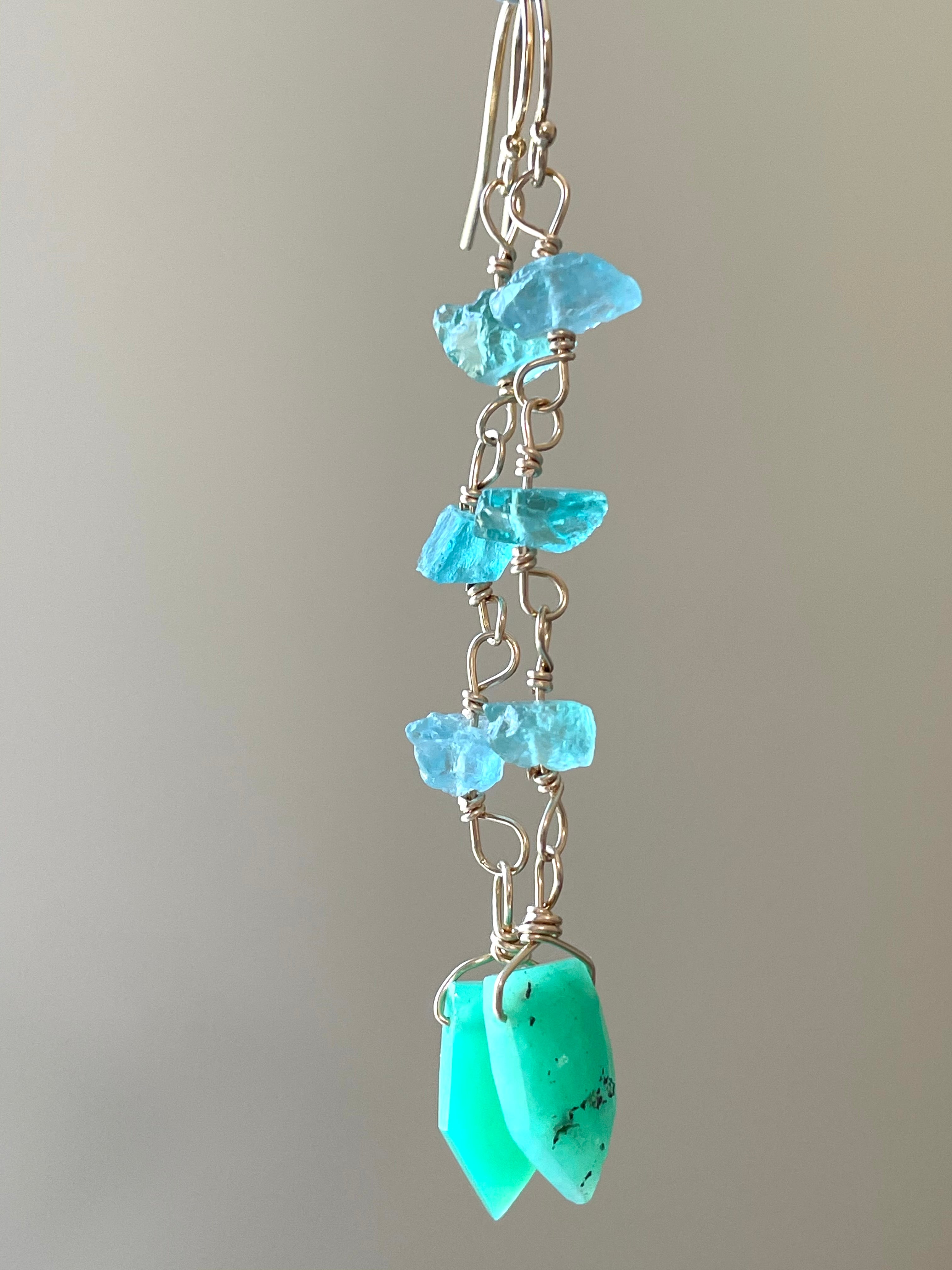 Natural Raw Crystal Earrings - Apatite & Chrysoprase Gold Filled Dangle Earrings for Women | Boho Chic Jewelry, Healing Crystal Gift, Wedding & Party Accessories