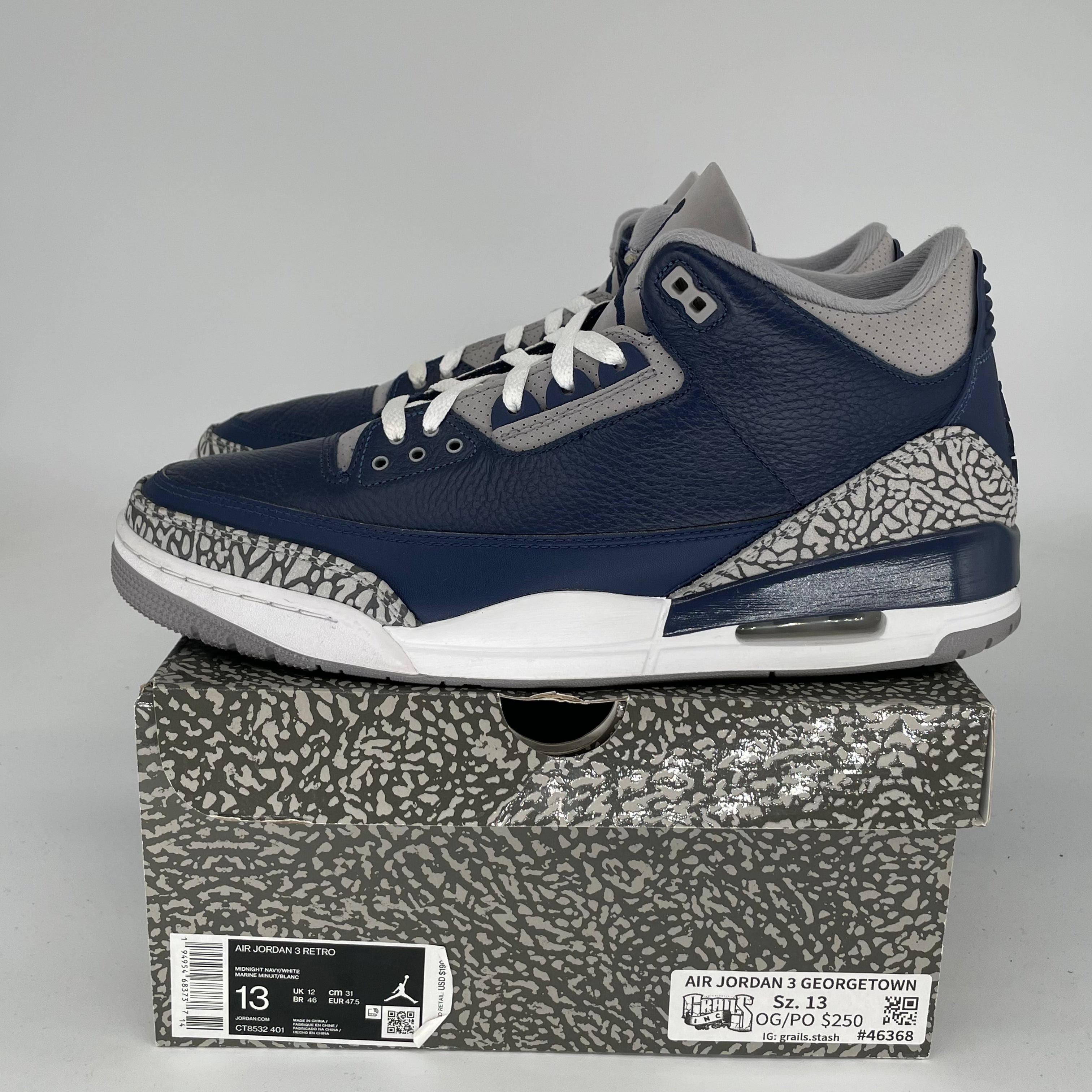 AIR JORDAN 3 GEORGETOWN Retro Basketball Shoes Men's Size 13 - White/Blue/Gray CT8532-401 | Authentic Sneakers for Casual Wear & Street Style
