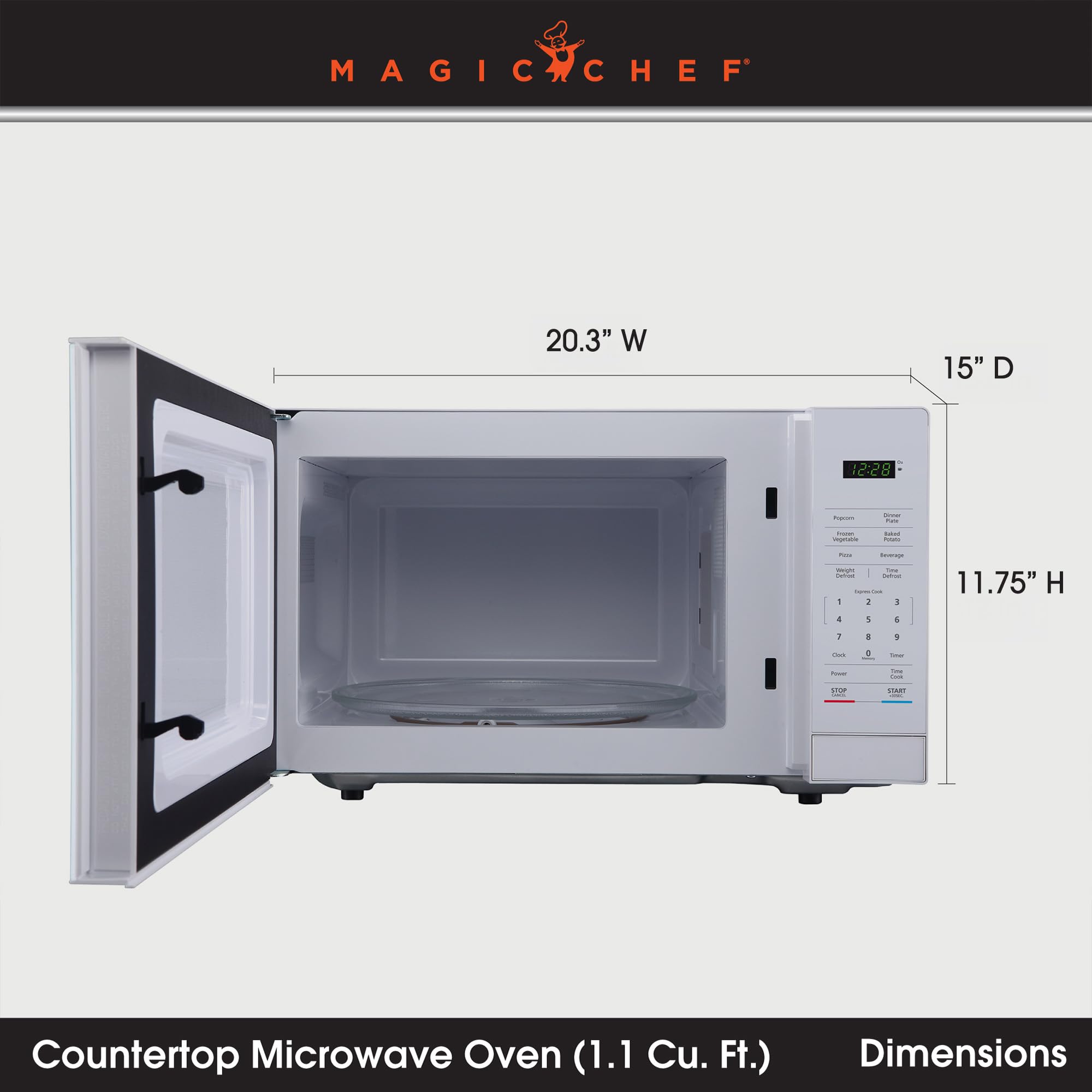 Magic Chef 1000W Compact Countertop Microwave Oven - 1.1 Cu Ft Small White Microwave for Dorm, Office & Kitchen - Fast Cooking & Reheating