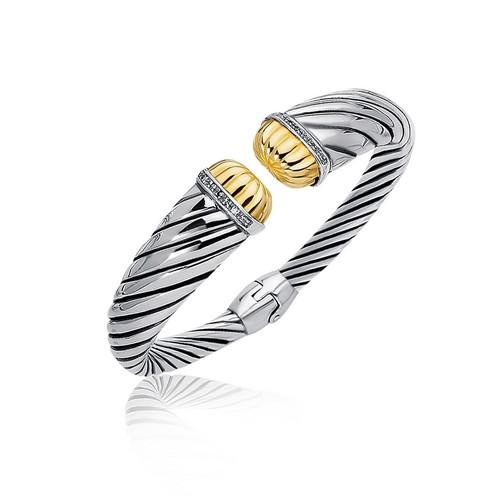 18K Yellow Gold & Sterling Silver Diamond Cuff Bangle Bracelet (0.11 CTTW) - Size 7