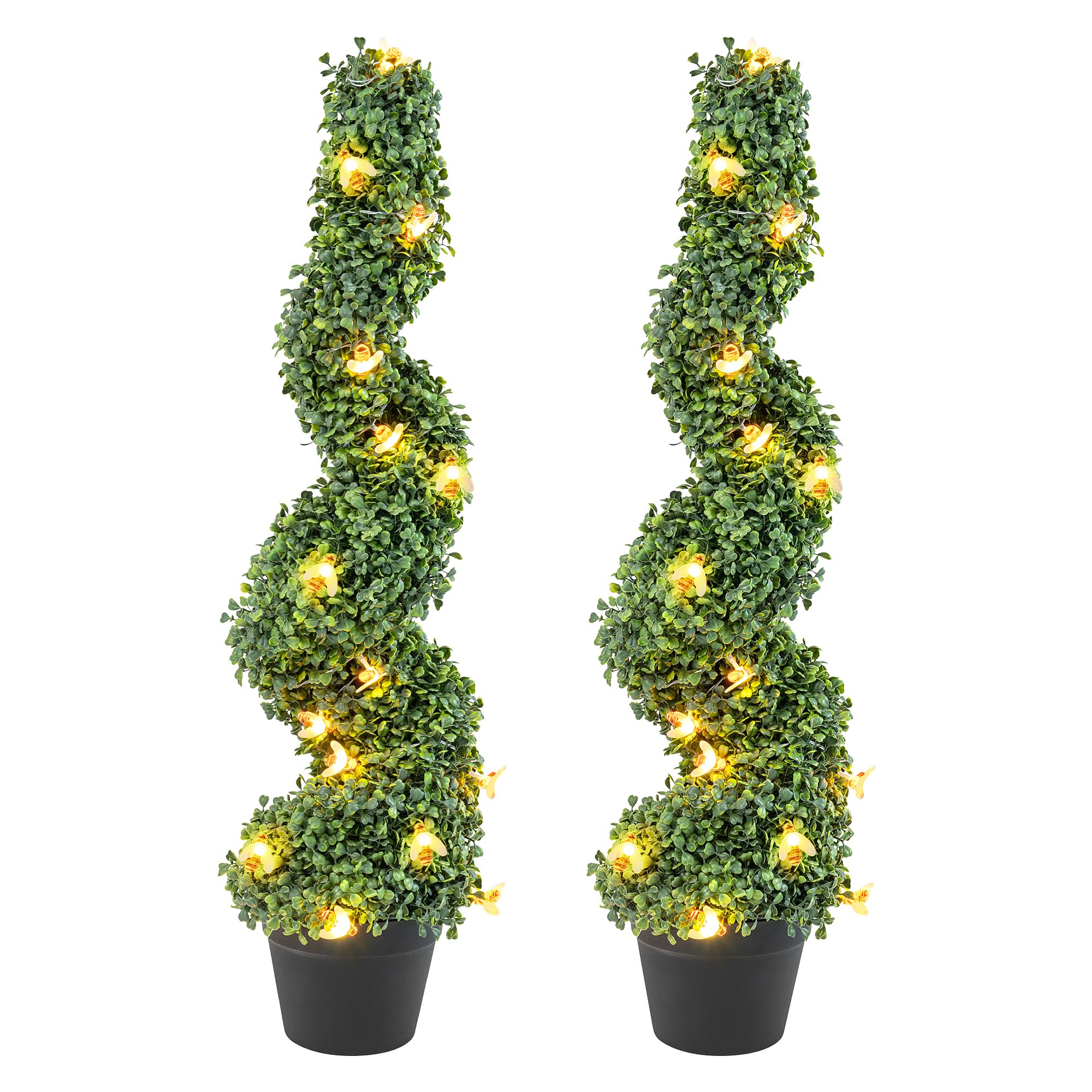 2 Pack 3ft Artificial Boxwood Spiral Topiary Trees with LED Bee Lights - Waterproof UV Resistant Outdoor Indoor Decor for Balcony, Deck, Porch, Garden & Entryway - Includes Sturdy Pot Base for Easy Placement