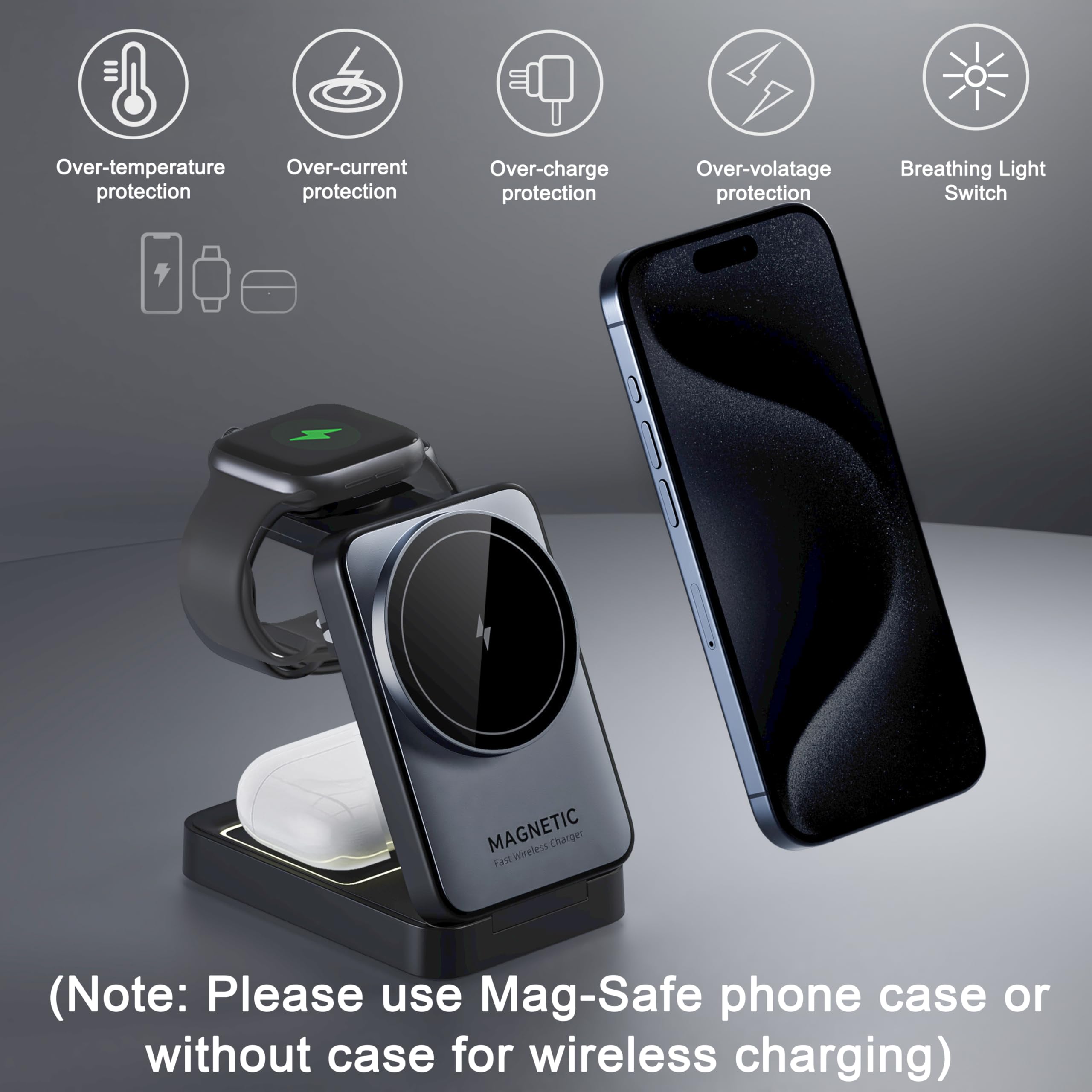 3-in-1 Foldable Wireless Charging Station - 15W Fast MagSafe Charger Stand for iPhone 15/14/13/12, Apple Watch & AirPods Pro | Portable Travel Charger for Home, Office & Car (Black)