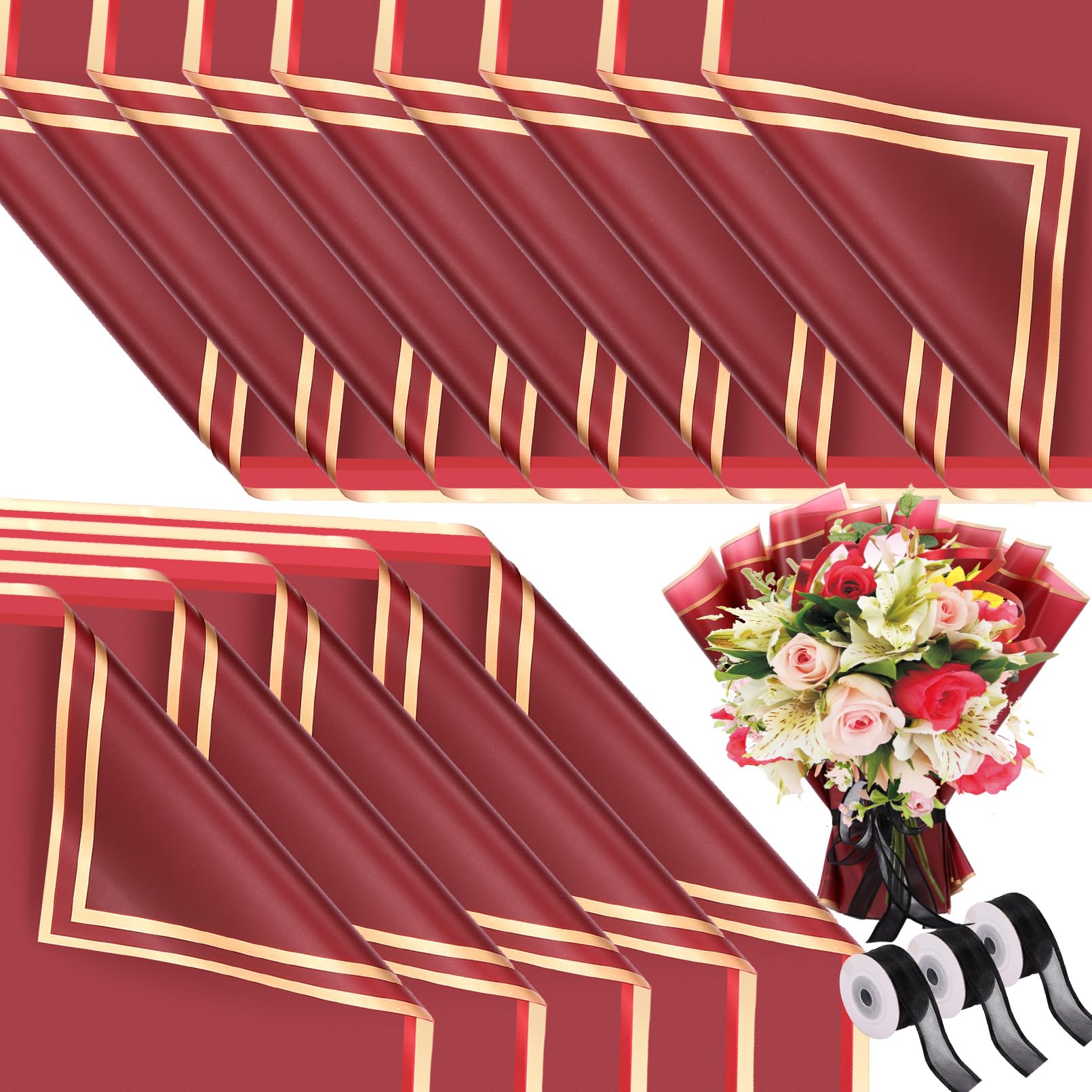 60 Sheets Gold Edge Floral Wrapping Paper - Waterproof Bouquet Packaging Paper with Ribbon for DIY Wedding, Birthday, Anniversary Crafts - Perfect for Flower Arrangements, Gift Wrapping & Party Decorations