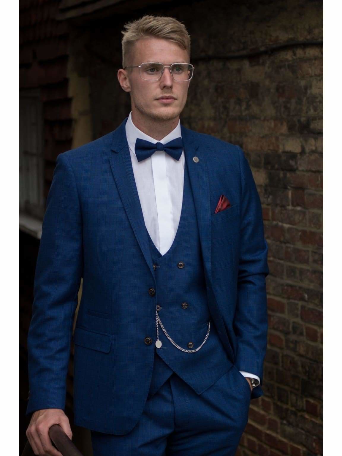 Marc Darcy George Royal Blue Check Three Piece Suit for Men | Formal Business Attire | Wedding, Office & Special Occasion Wear