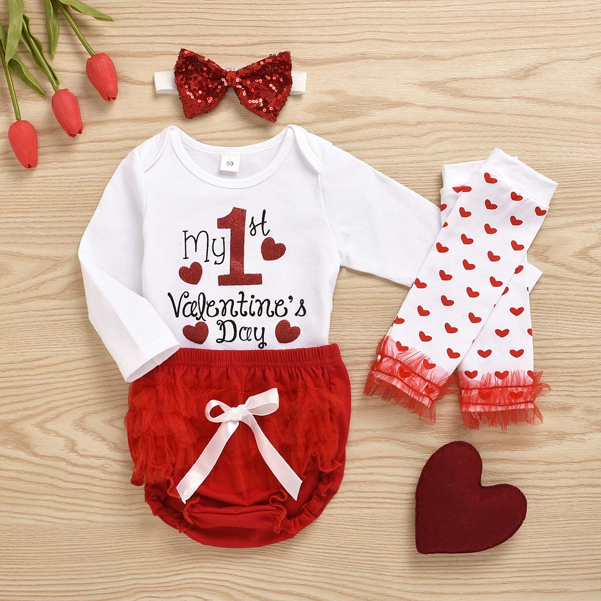 Valentine's Day Baby Girl Outfit Set - Letter Print Bodysuit Romper, Tutu Skirt, Leg Warmers & Headband | Newborn Valentine's Day Photoshoot, Holiday Party, Special Occasion Gift
