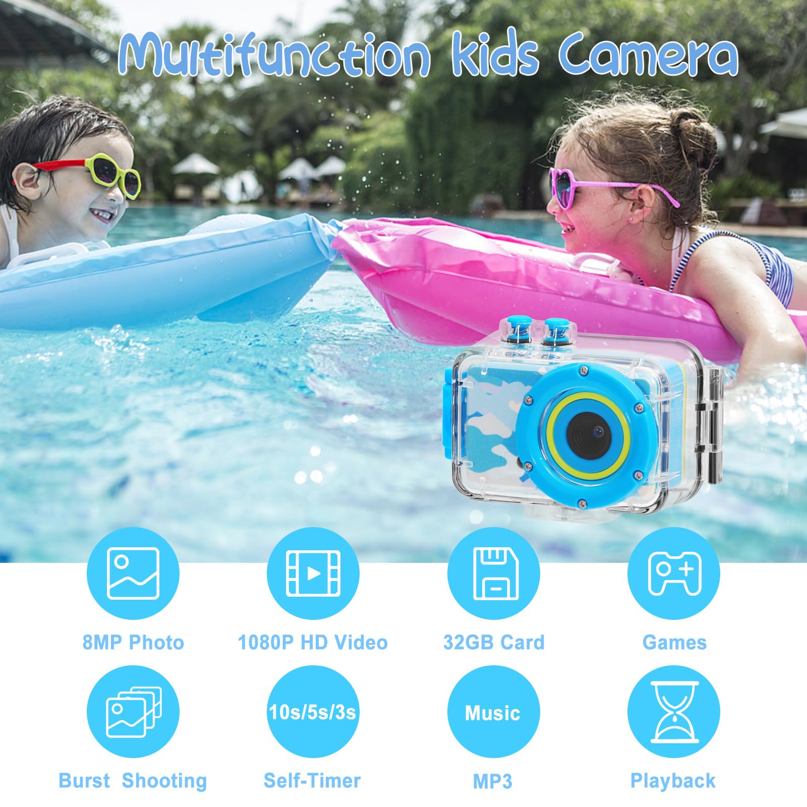 Waterproof Kids Camera for 3-8 Year Old Boys & Girls - Underwater Toddler Digital Camera with 32GB SD Card - Perfect Birthday Gift & Travel Toy for Ages 4-10 (Blue)