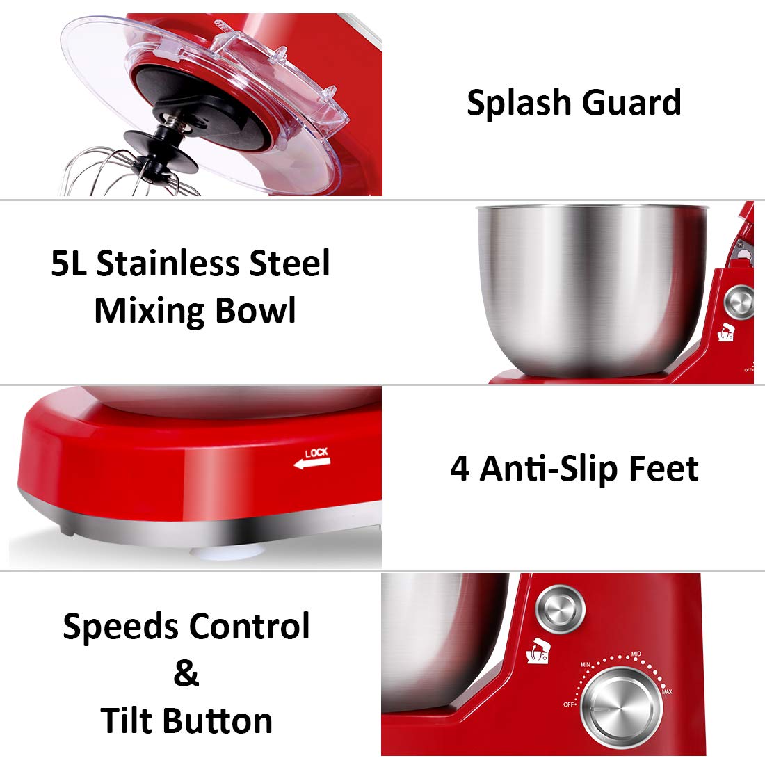CUSIMAX 5-QT Stand Mixer with Stainless Steel Bowl - Tilt-Head Electric Kitchen Mixer with Dough Hook, Beater & Whisk - Splash Guard - Red - Perfect for Baking Cakes, Cookies & Bread Dough