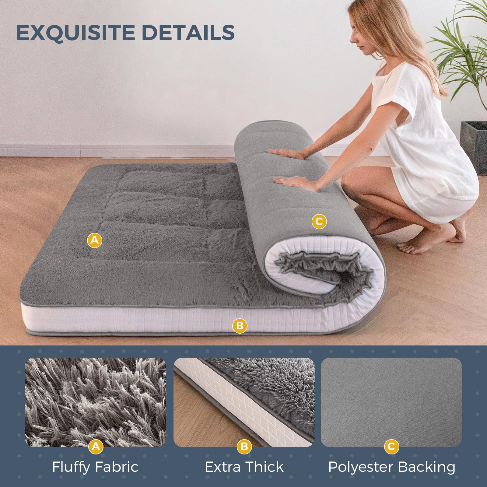 MAXYOYO 6-Inch Extra Thick Fluffy Floor Futon Mattress - Plush Square Quilted Mattress for Adults & Guests - Dark Grey - Perfect for Living Rooms, Guest Beds & Sleepovers