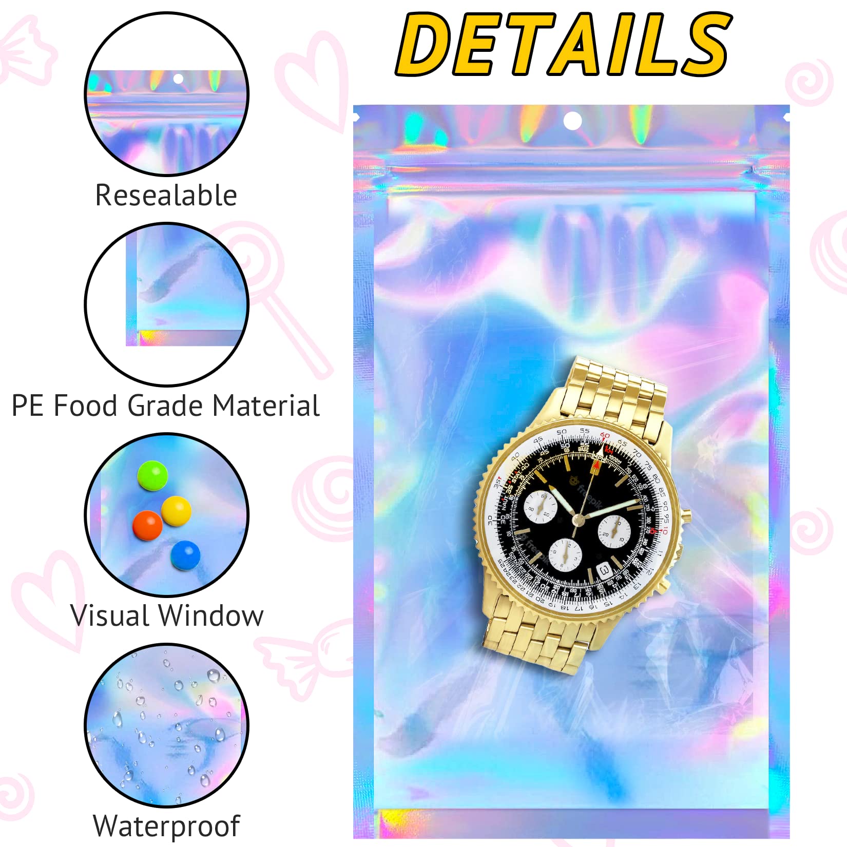 100 PCS Holographic Resealable Bags - Smell Proof Packaging for Lashes, Press On Nails, Jewelry, Candy & Small Items - Perfect for Small Business, Food Storage & Travel Organization