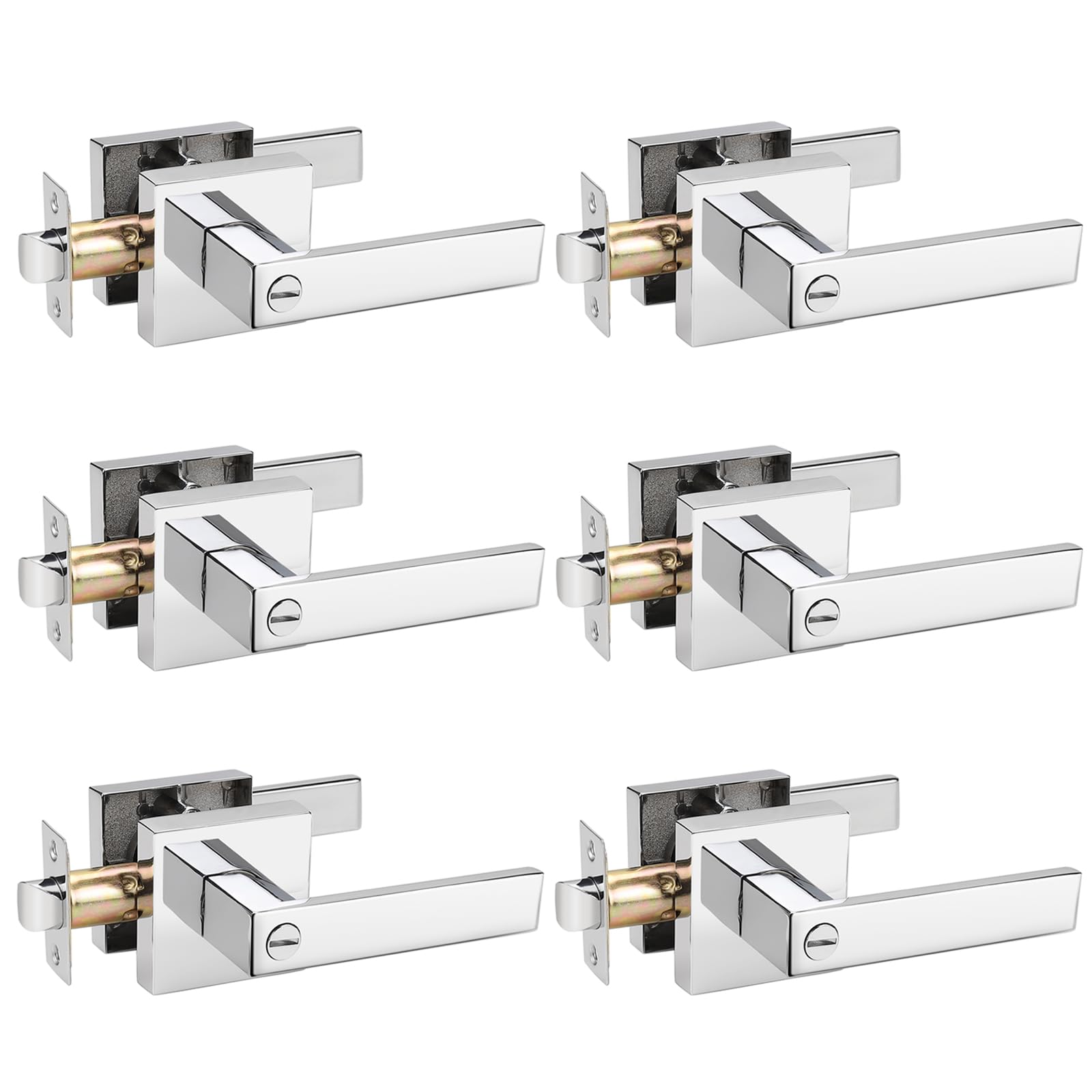 6 Pack Heavy Duty Chrome Interior Door Handles with Lock - Keyless Privacy Door Lever Handleset for Bedroom, Bathroom & Office | Secure Turn Lock Inside for Home & Commercial Use