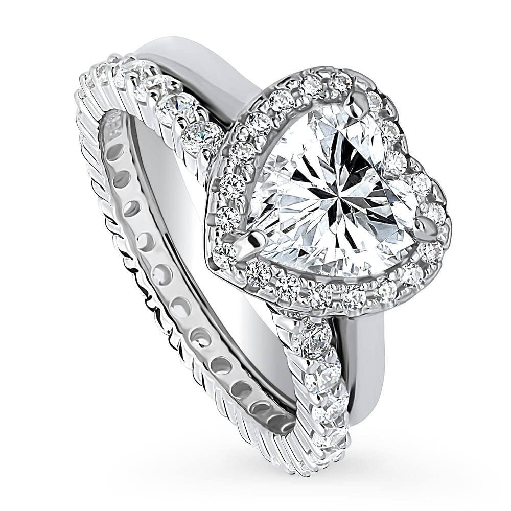 BERRICLE Sterling Silver Halo Heart Shaped Cubic Zirconia Engagement Ring Set for Women - Rhodium Plated, Size 4-10 - Perfect for Weddings, Anniversaries & Romantic Gifts
