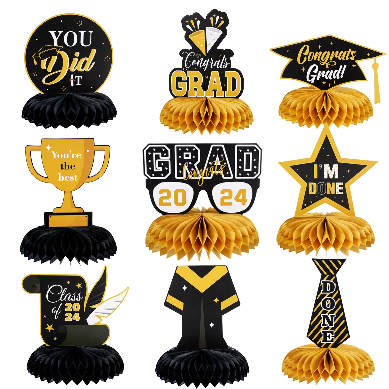 2024 Graduation Centerpieces & Table Decorations - Black and Gold Class of 2024 Honeycomb Decor for High School & College Graduation Party Supplies - Perfect for Graduation Ceremonies, Parties & Photo Backdrops