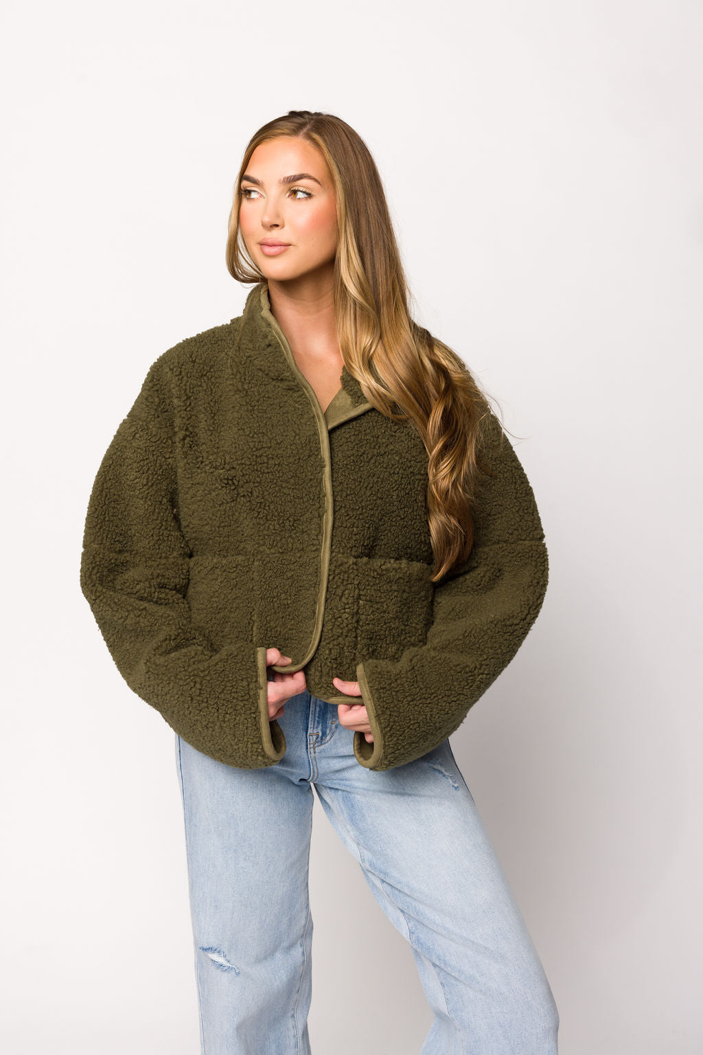 Reversible Sherpa & Suede Jacket for Women - Olive Green Cozy Winter Coat | Outdoor Hiking, Camping & Casual Wear