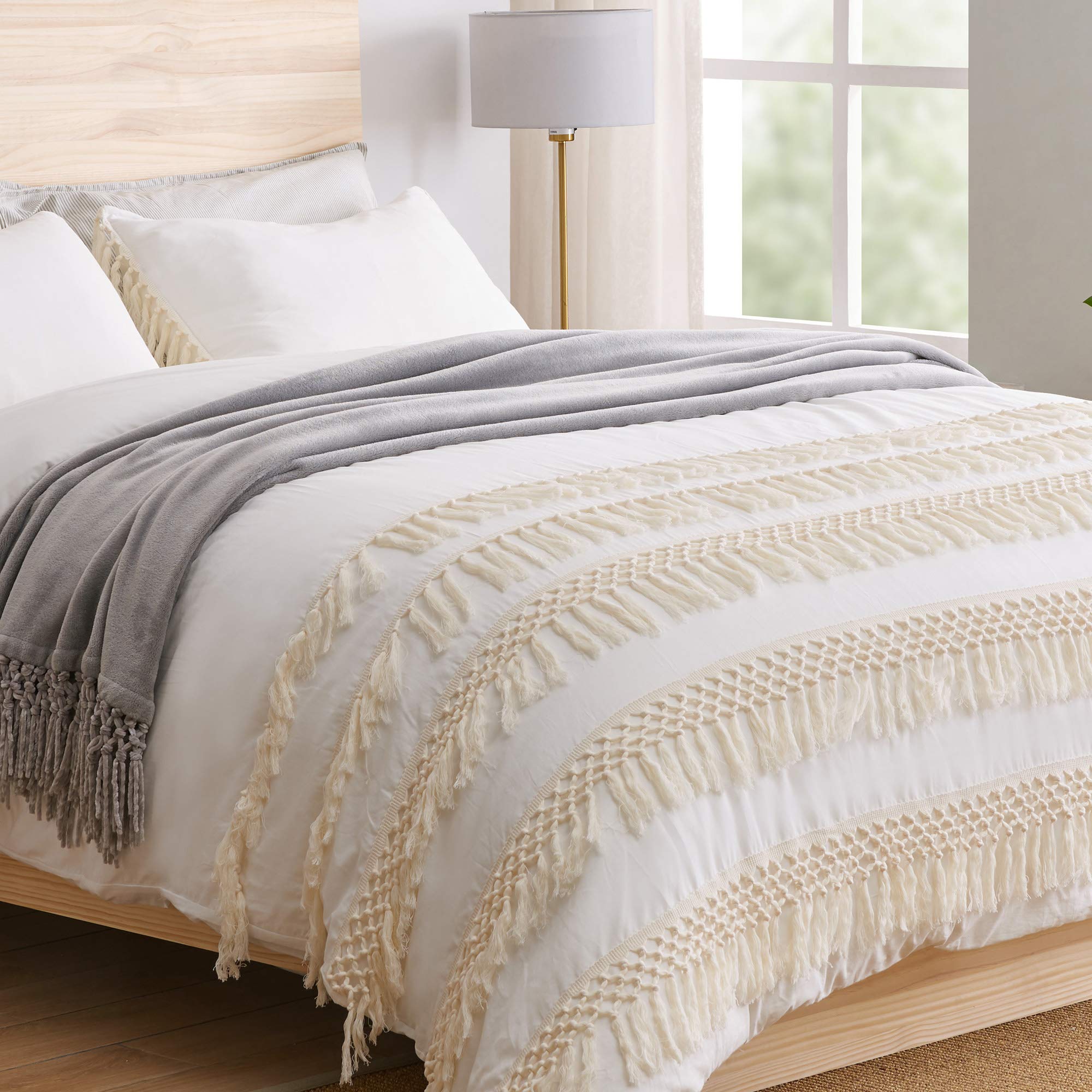 Sweet JoJo Designs Minimalist Boho Chic Ivory Cotton Duvet Cover Set - Macrame Fringe Knotted Tassel Comforter Cover with Sham, 2-Piece Twin/Twin XL Size, Off White Luxury Bedding for College Dorm, Guest Room & Boho Home Decor