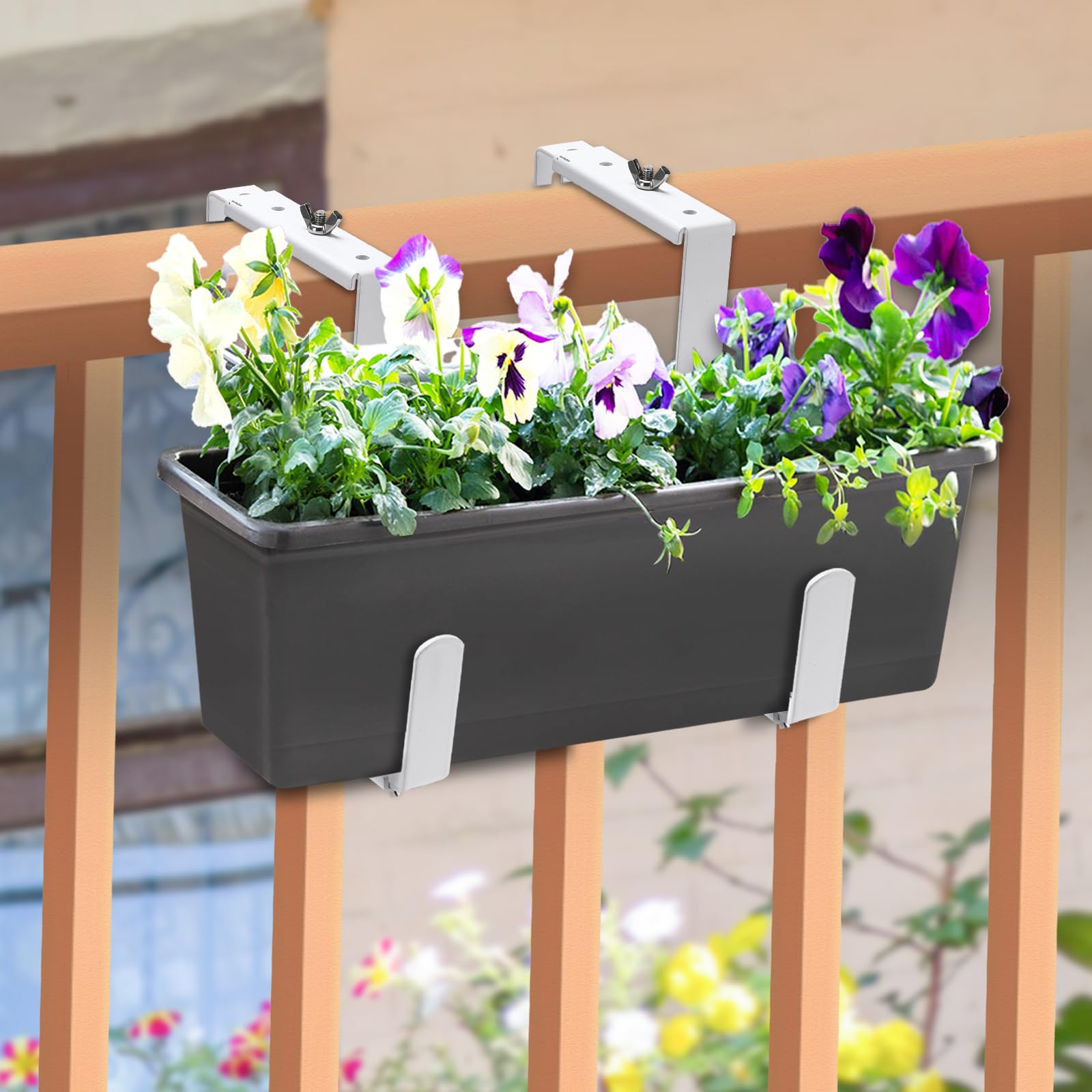 Adjustable Planter Box Bracket - Heavy Duty Flower Box Holder for Deck Railing, Window Box Hanging Bracket for Patio, Garden, Fence, Pergola & Balcony - Supports Large Planters (4 Pack) - Perfect for Outdoor Decor & Small Space Gardening