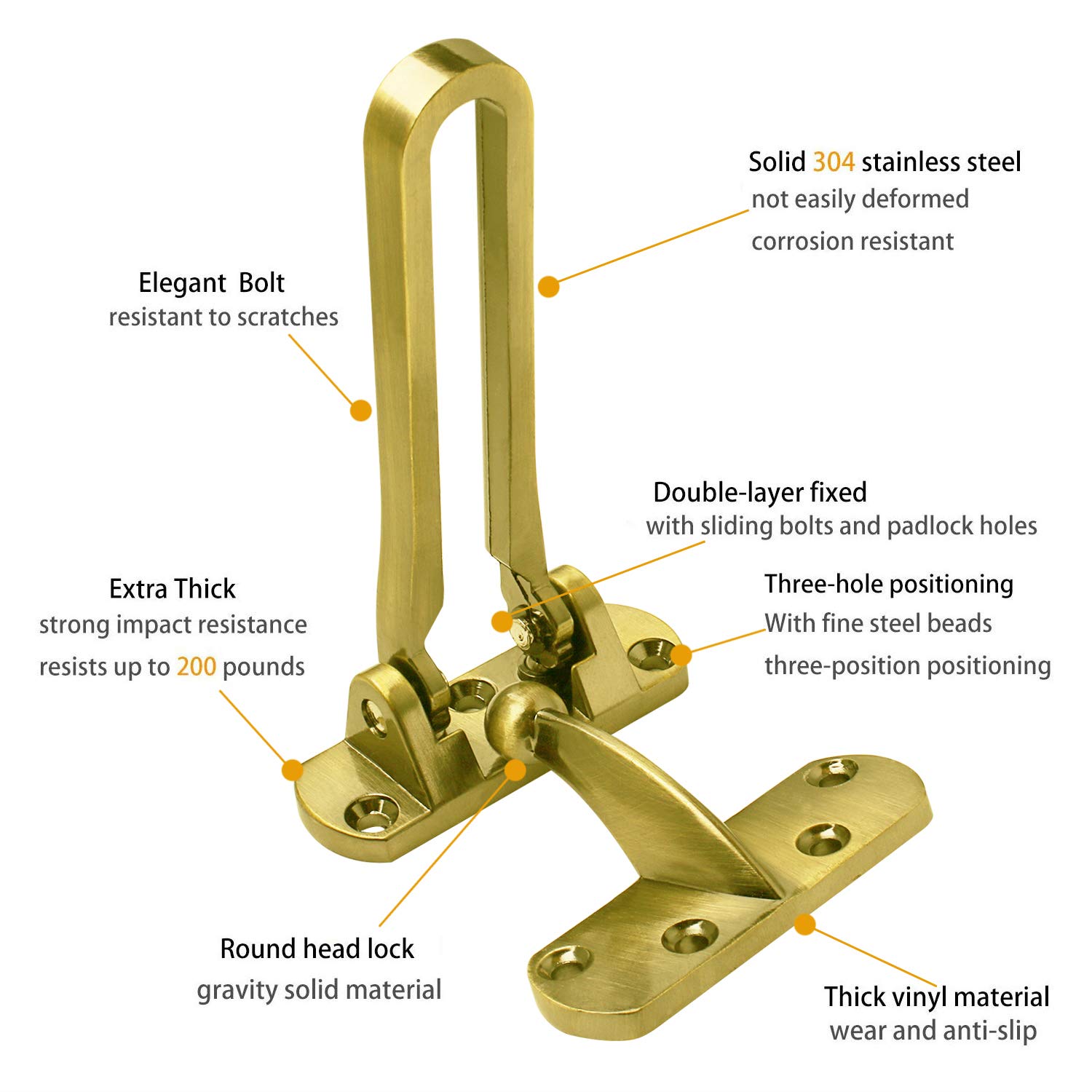Premium Aluminum Alloy Door Reinforcement Lock - Heavy Duty Swing Bar Security Latch for Front Doors, Child Safety & Home Protection (Gold Finish) | Ideal for Apartments, Houses & Childproofing