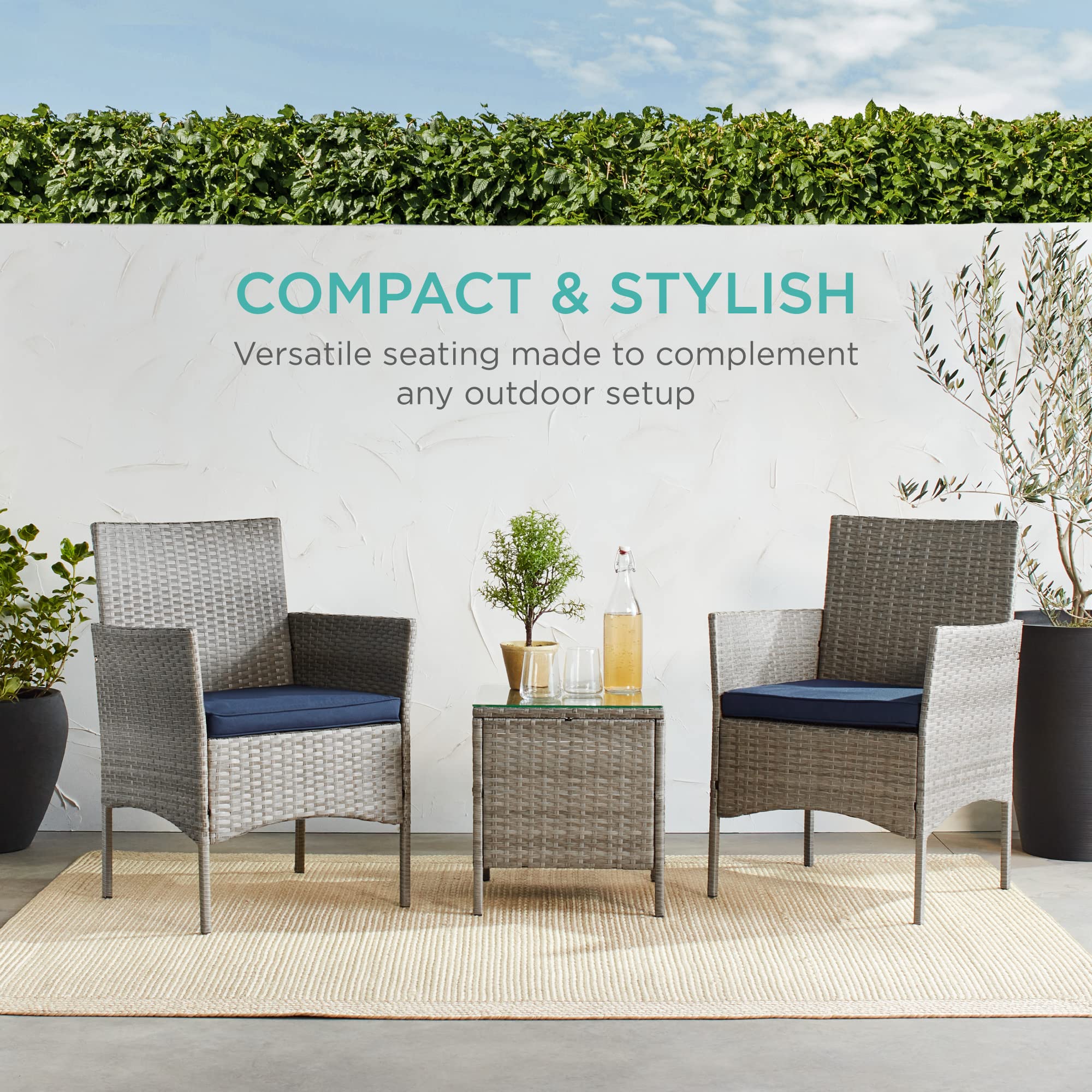 Best Choice Products 3-Piece Outdoor Wicker Conversation Bistro Set - Space Saving Patio Furniture with Side Table for Garden, Balcony & Small Spaces - Gray/Navy - Perfect for Coffee Mornings & Relaxing Evenings