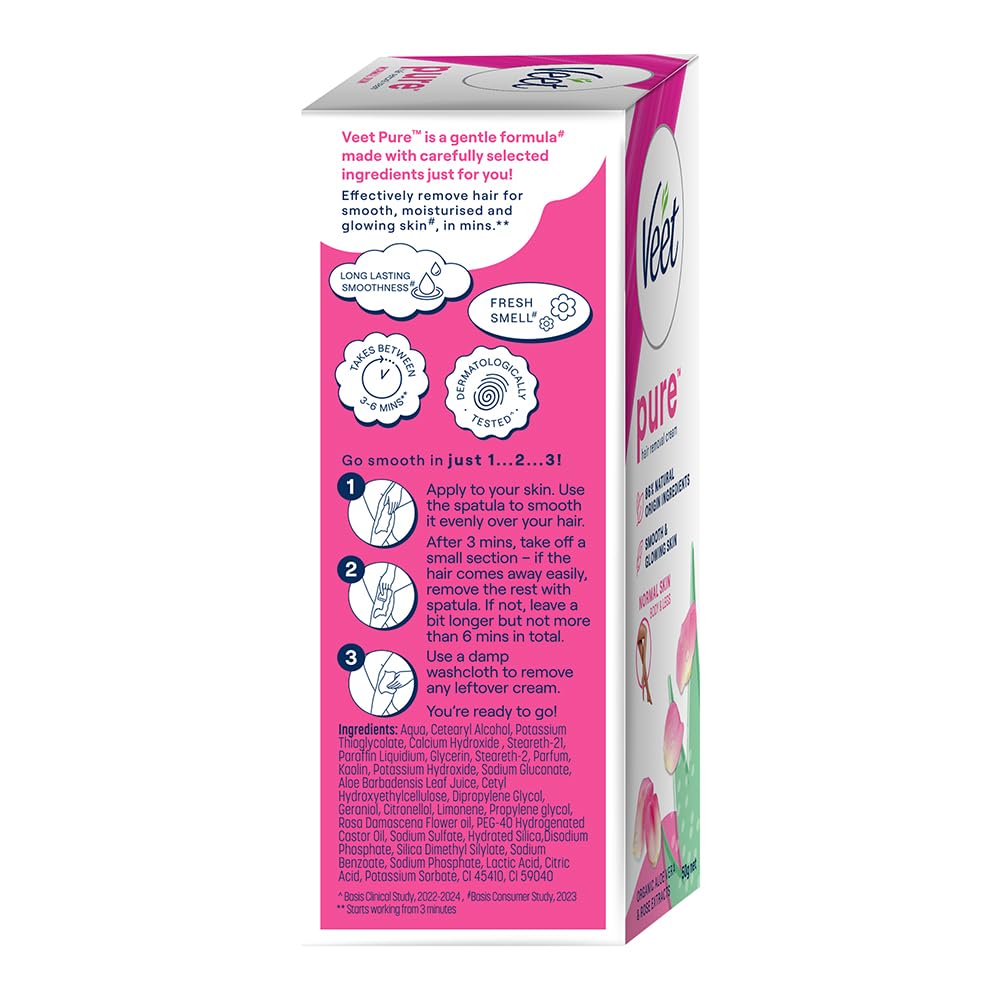 Veet Pure Hair Removal Cream for Women - Gentle Formula for Normal Skin, 50g | Safe for Legs, Underarms, Bikini Line & Arms | At-Home Smooth Skin Solution for Quick Hair Removal