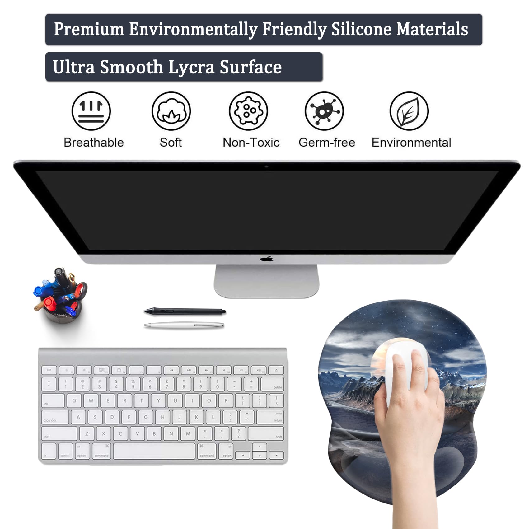 Ergonomic Mouse Pad with Wrist Support - Pain Relief Comfort for Office, Gaming & Study - Non-Slip PU Base Computer Mouse Pad (Aesthetic Moon Design) - Perfect for Home Office, PC Gaming & Long Work Sessions