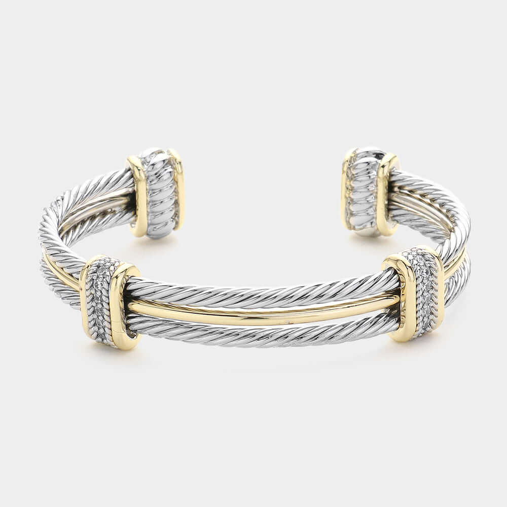 CZ Stone Paved Two Tone Metal Rope Cuff Bracelet for Women - Elegant Fashion Jewelry Gift for Birthday, Anniversary & Special Occasions | Perfect for Parties, Weddings & Date Nights