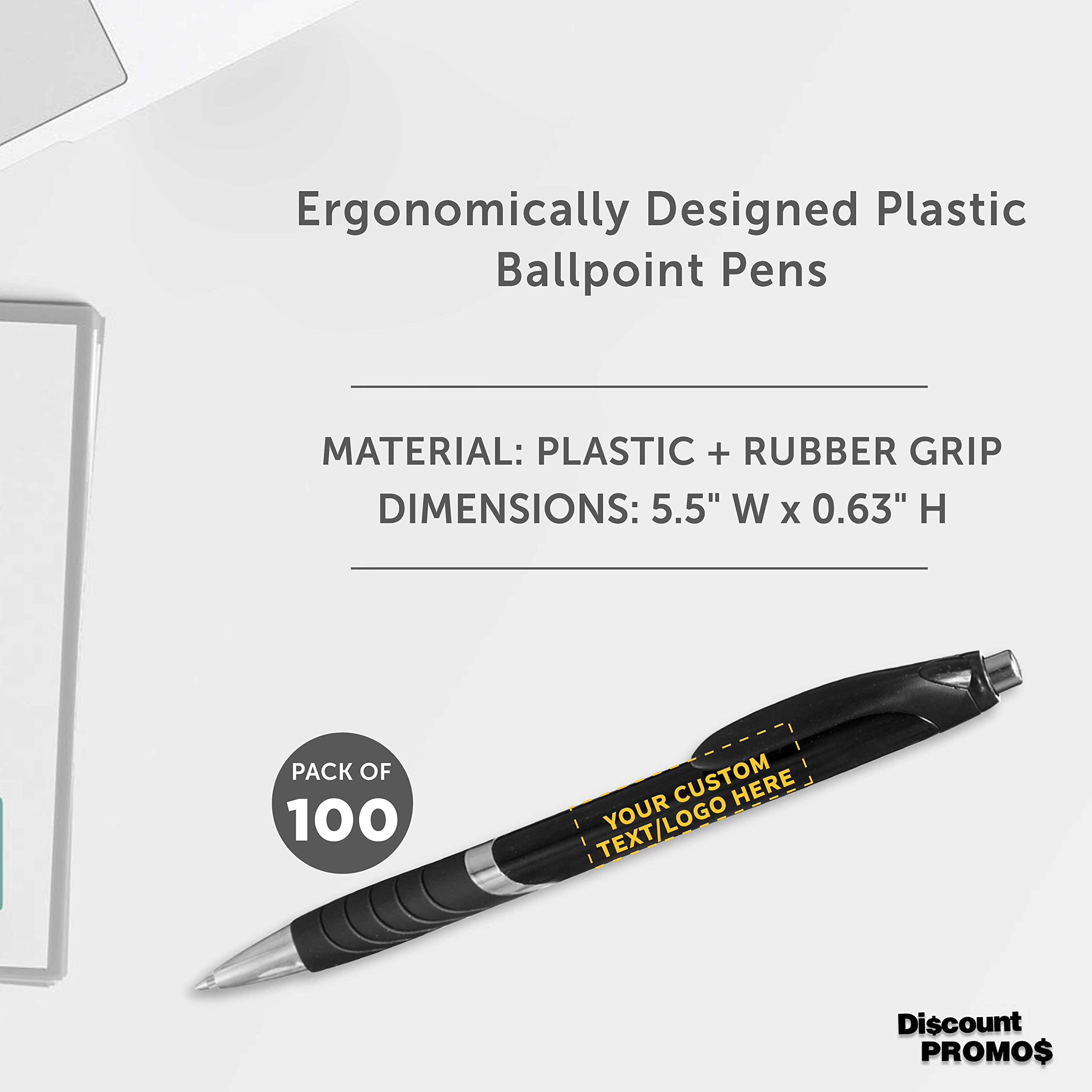 100 Pack Customizable Ballpoint Pens with Rubber Grip - Soft Touch Plastic, Black Ink - Add Your Text/Logo - Perfect for Office, School & Corporate Gifts