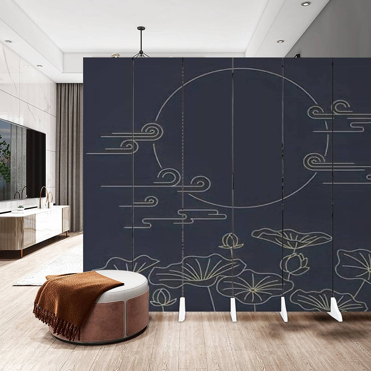 Korean Traditional Moon & Lotus Canvas Room Divider - 6 Panel Folding Privacy Screen for Bedroom, Office & Living Space | Hand-Painted Floral Partition Wall Decor | Home & Studio Space Separator