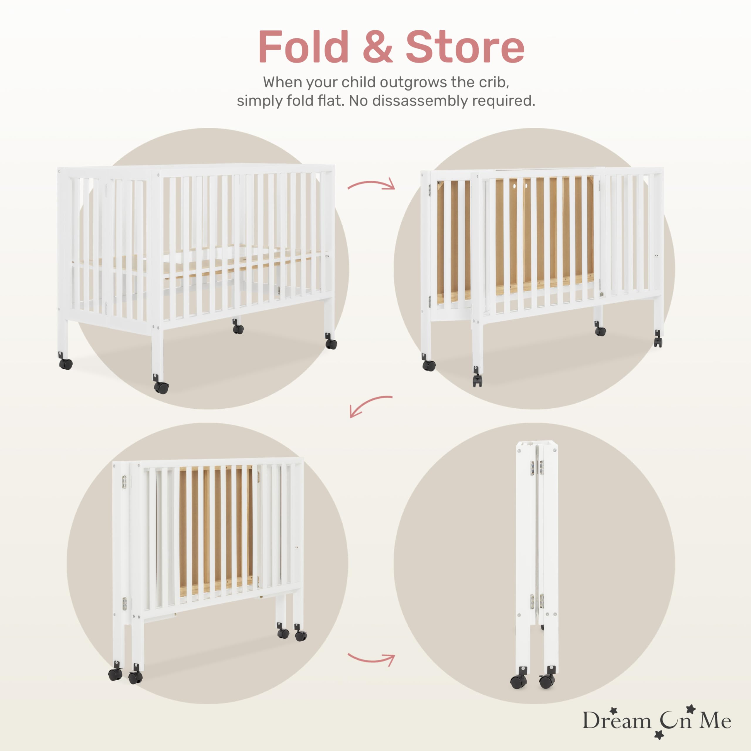 Dream On Me Quinn Full-Size Folding Crib - White Nursery Crib with Removable Wheels & Adjustable Mattress Support | Portable Baby Bed with Patented Folding System | Perfect for Small Spaces, Travel & Modern Nurseries