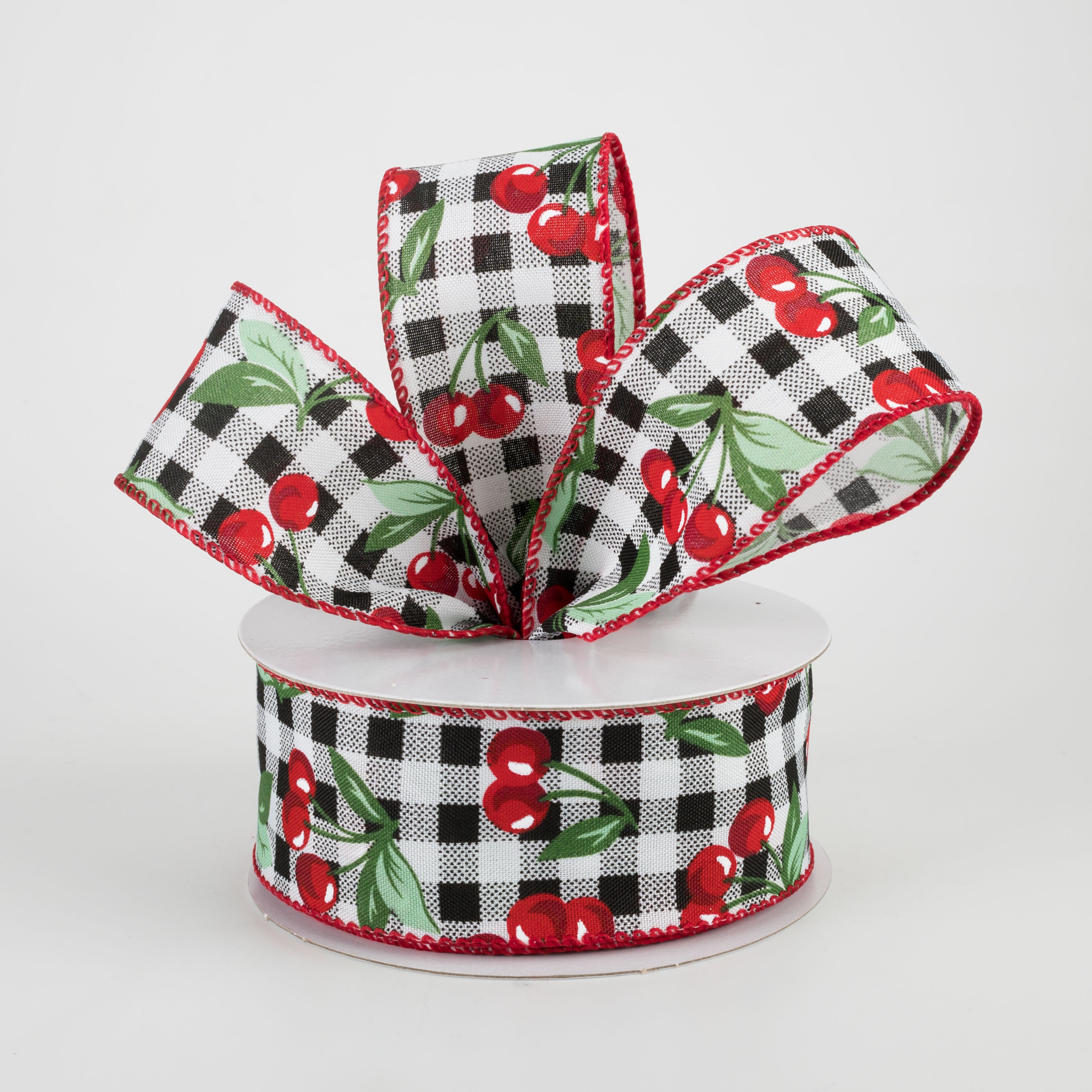 1.5 Inch Buffalo Plaid with Cherries Ribbon - 10 Yards Bulk Roll for Gift Wrapping, DIY Crafts, Scrapbooking, and Holiday Decorations